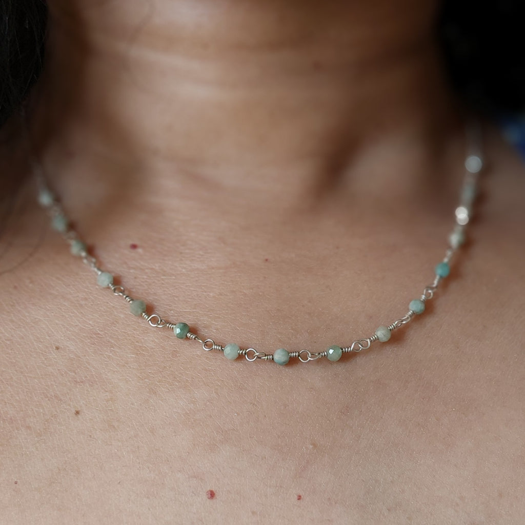 Amazonite wire wrapped handmade sterling silver beaded chain