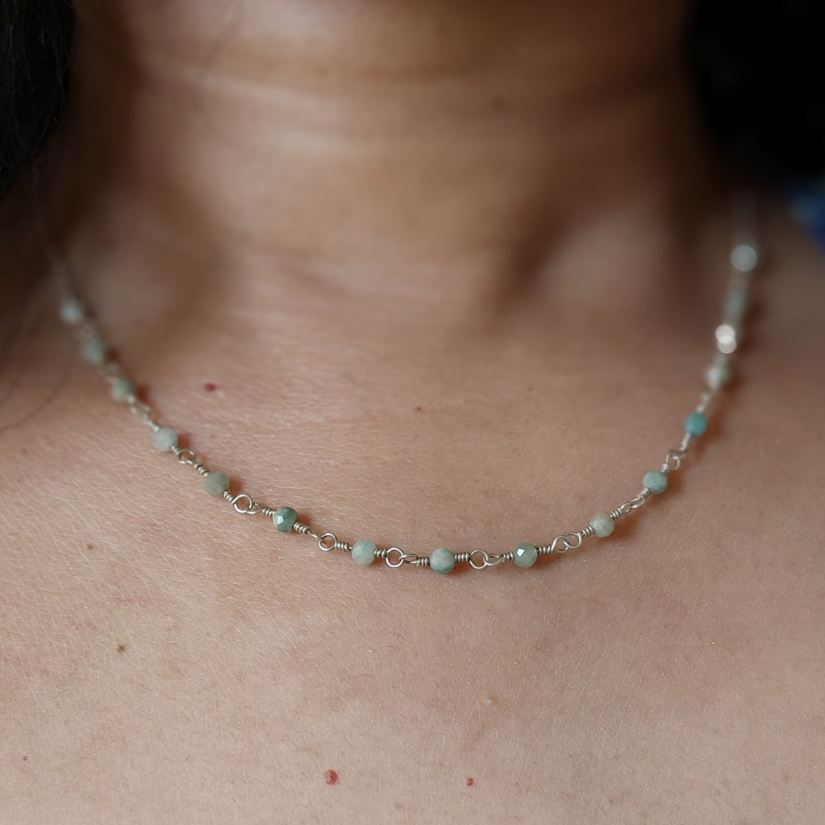 Amazonite wire wrapped handmade sterling silver beaded chain