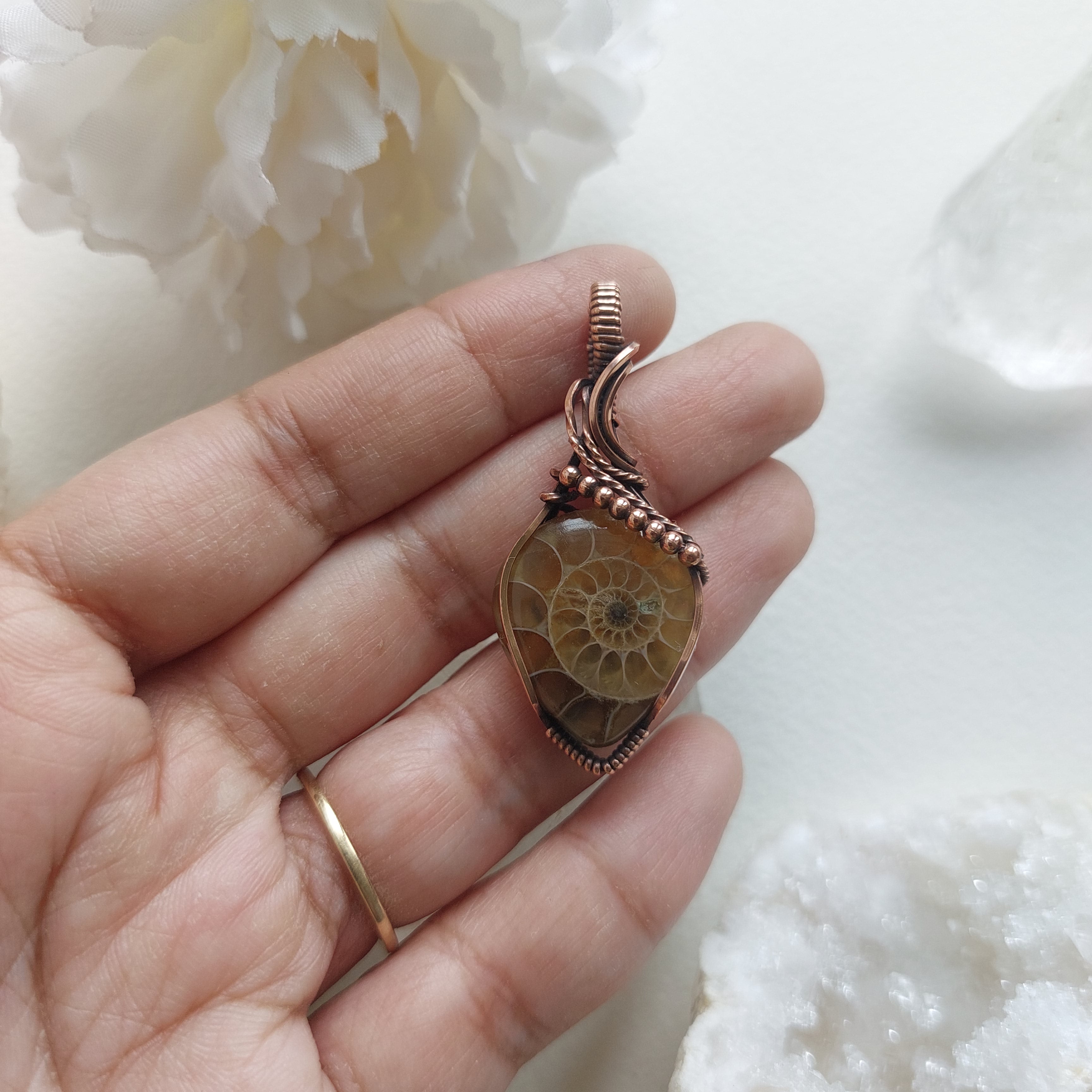 Ammonite Fossil Copper Wire Wrapped Pendant – Ancient Crystal Necklace for Grounding, Protection & Harmony