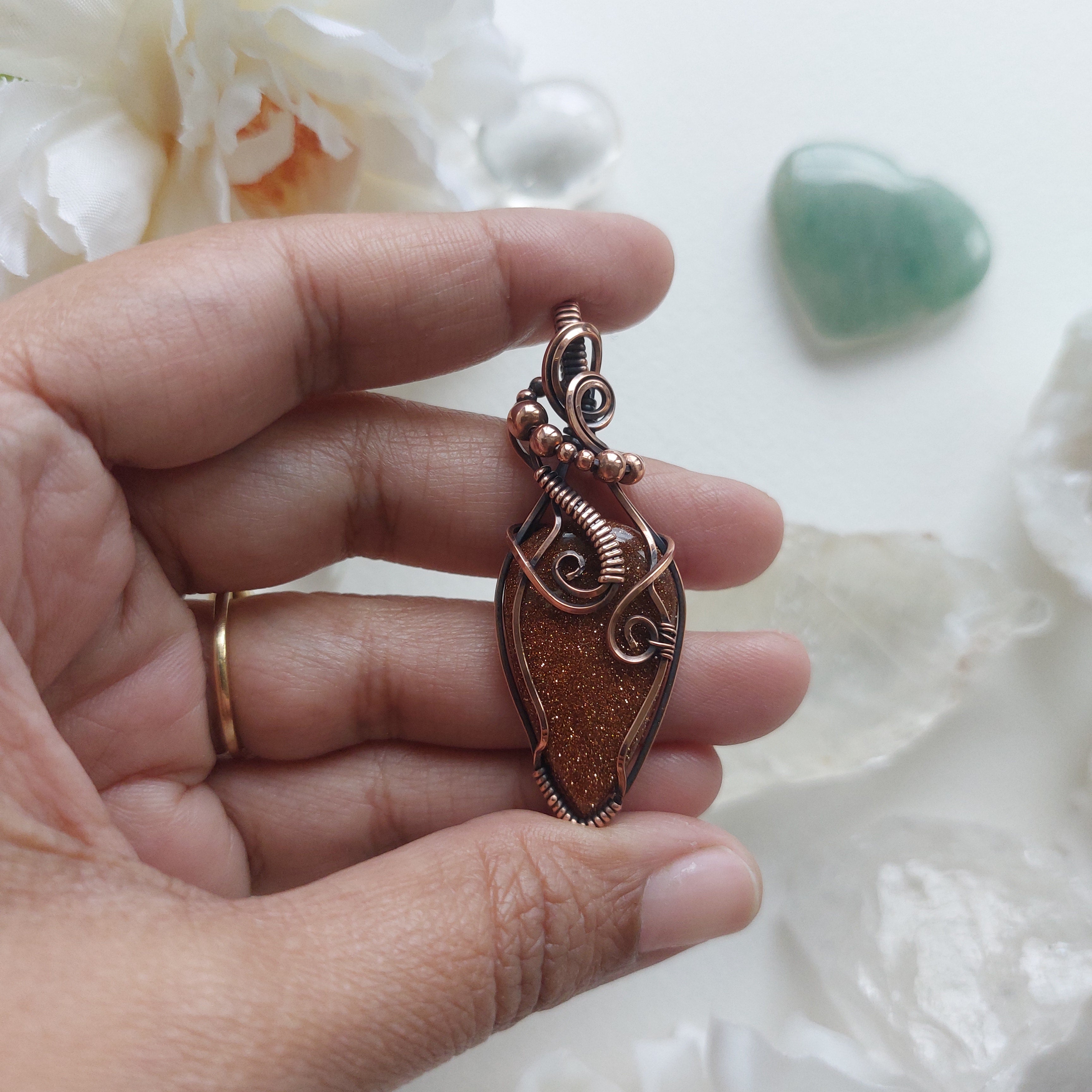 Goldstone (manmade stone) Copper Wire Wrapped pendant