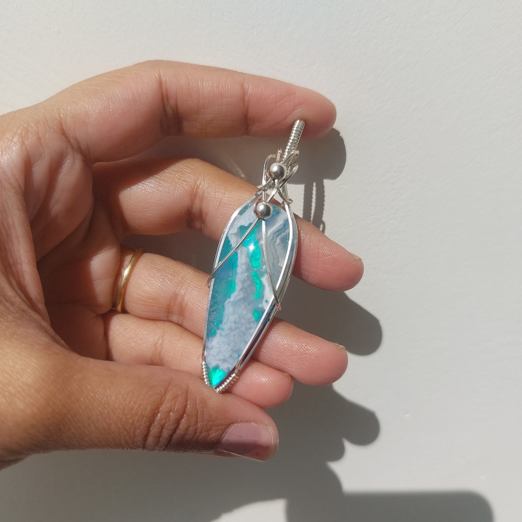 Seafoam- aurora effect- plume agate doublet sterling silver wire wrapped handmade pendant