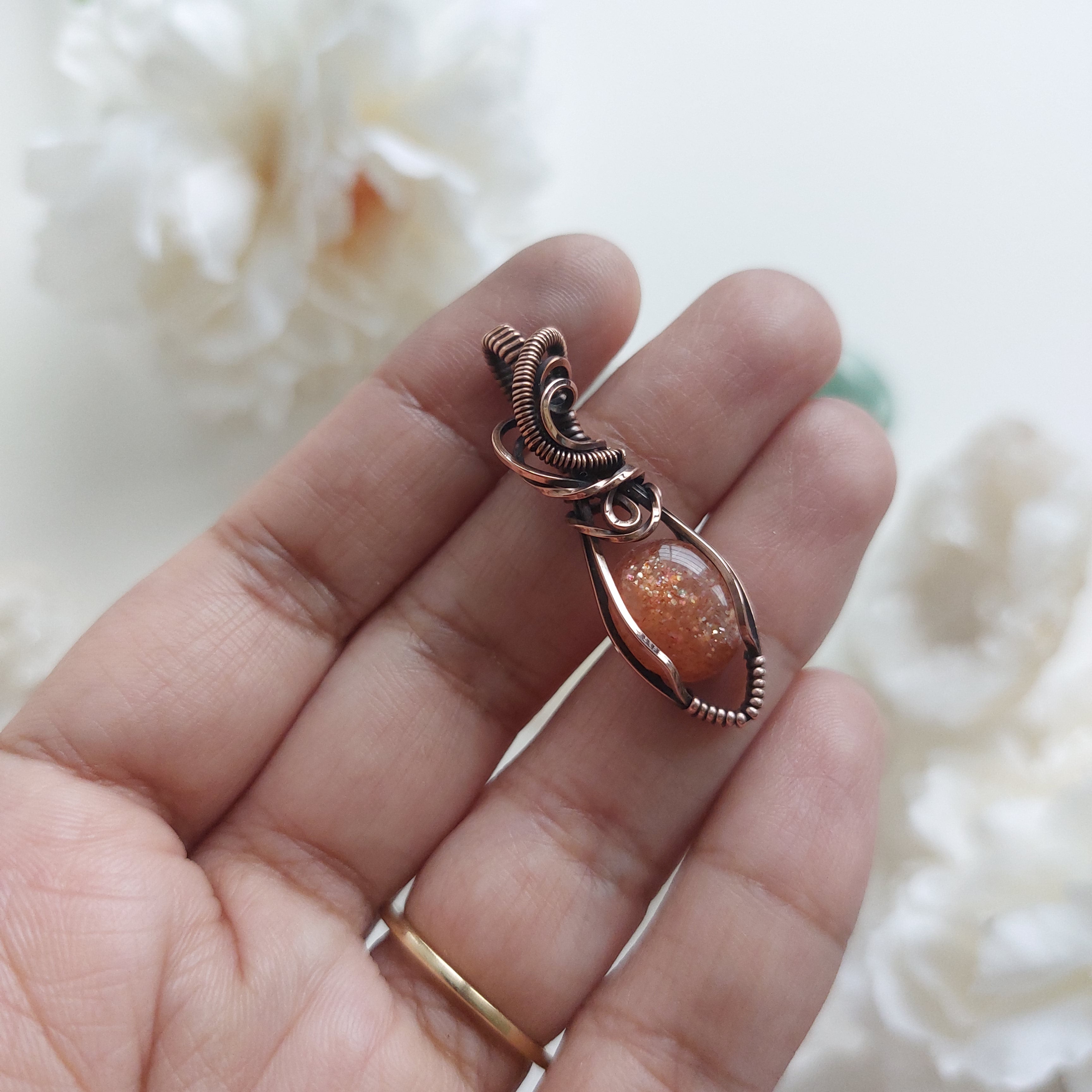 Sunstone Copper mini Wire Wrapped Pendant – Handmade Crystal Necklace for Joy, Confidence & Positive Energy