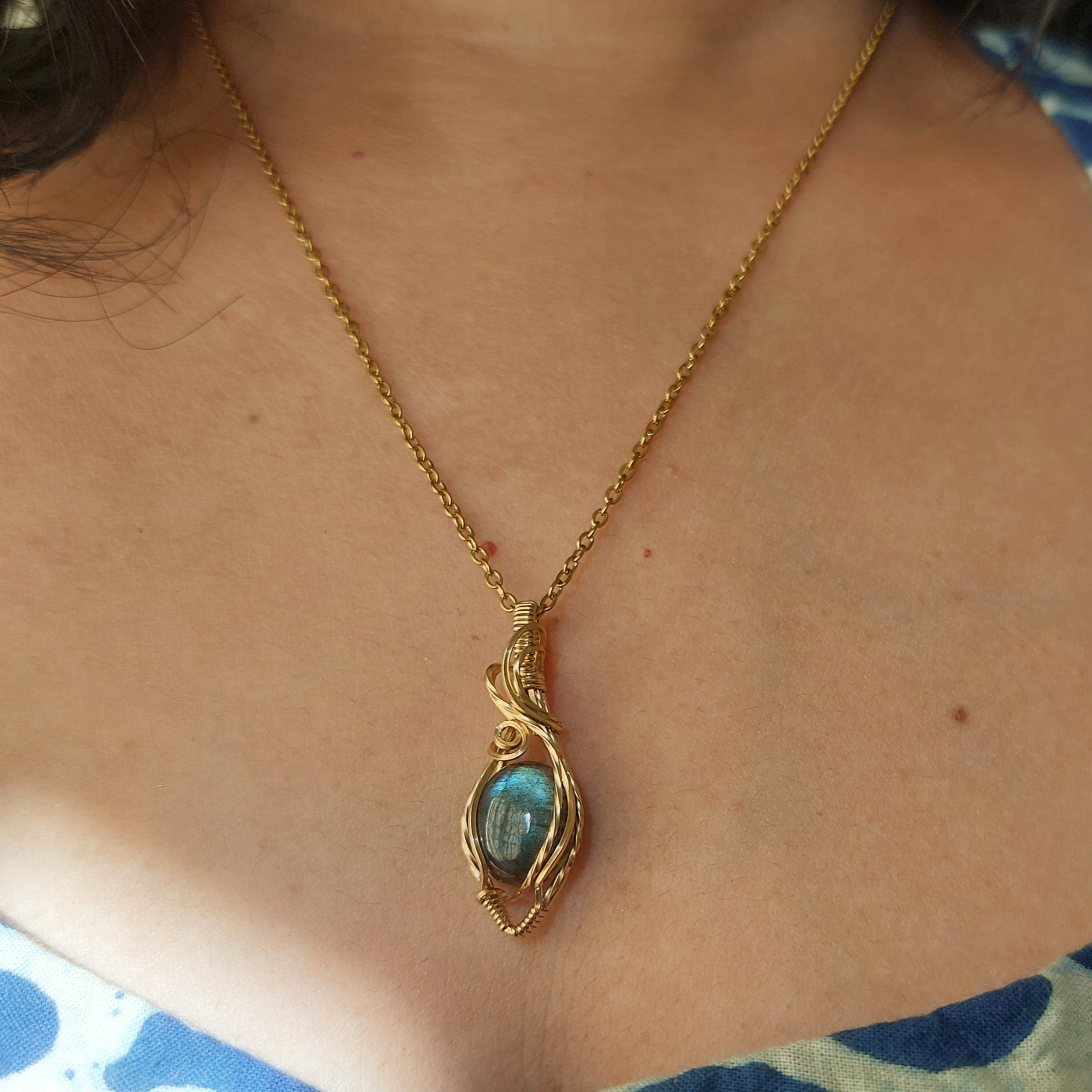 Blue flash labradorite wire wrapped handmade gold-filled pendant