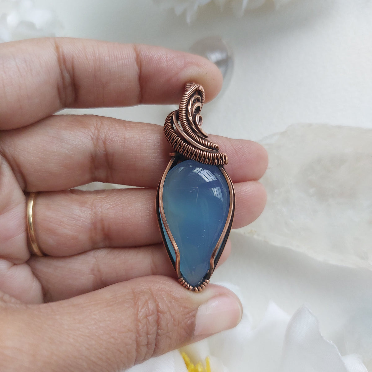 Blue Chalcedony Copper Pendant – Calming Crystal Necklace with Complimentary Cord