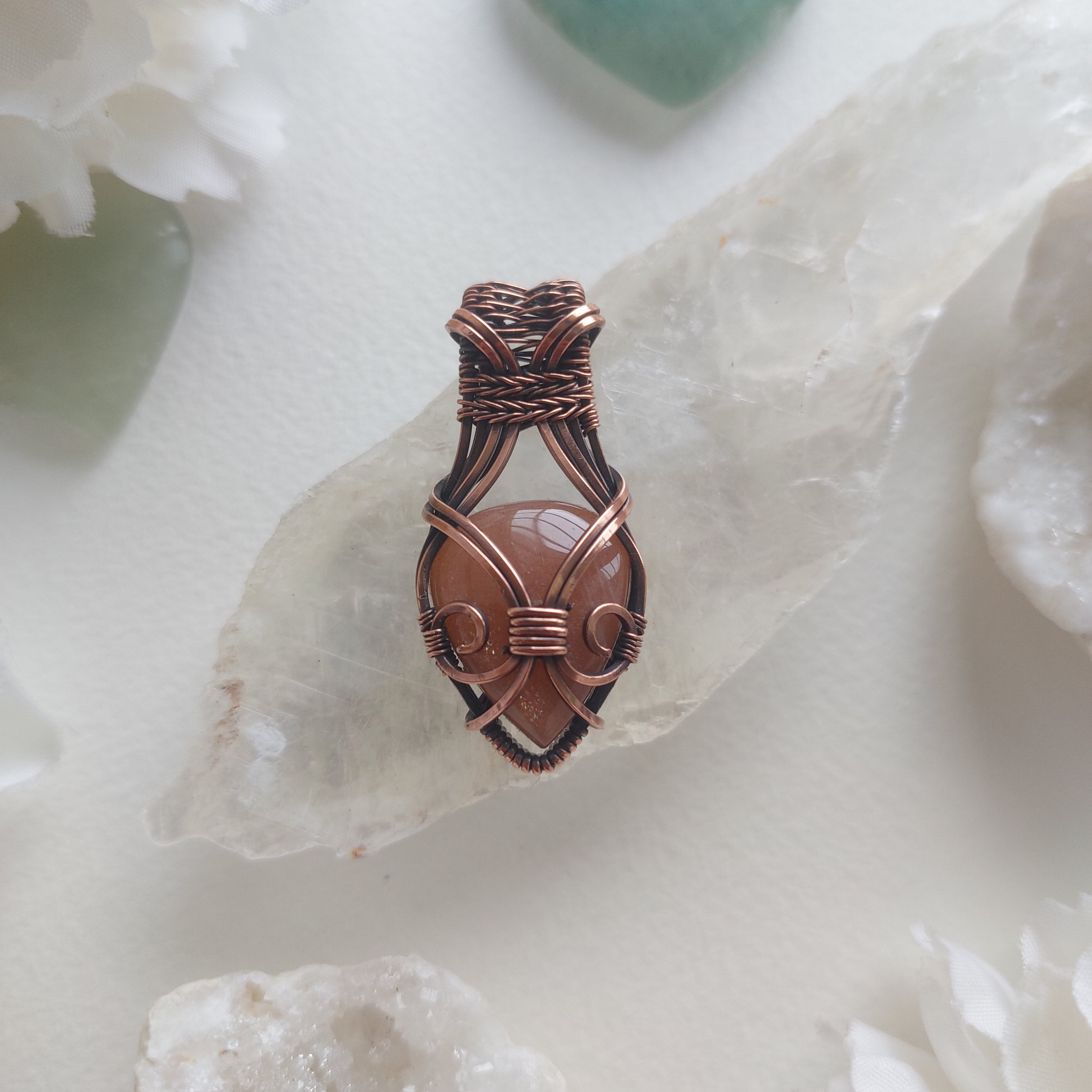 Peach moonstone handmade copper wire wrapped copper pendant