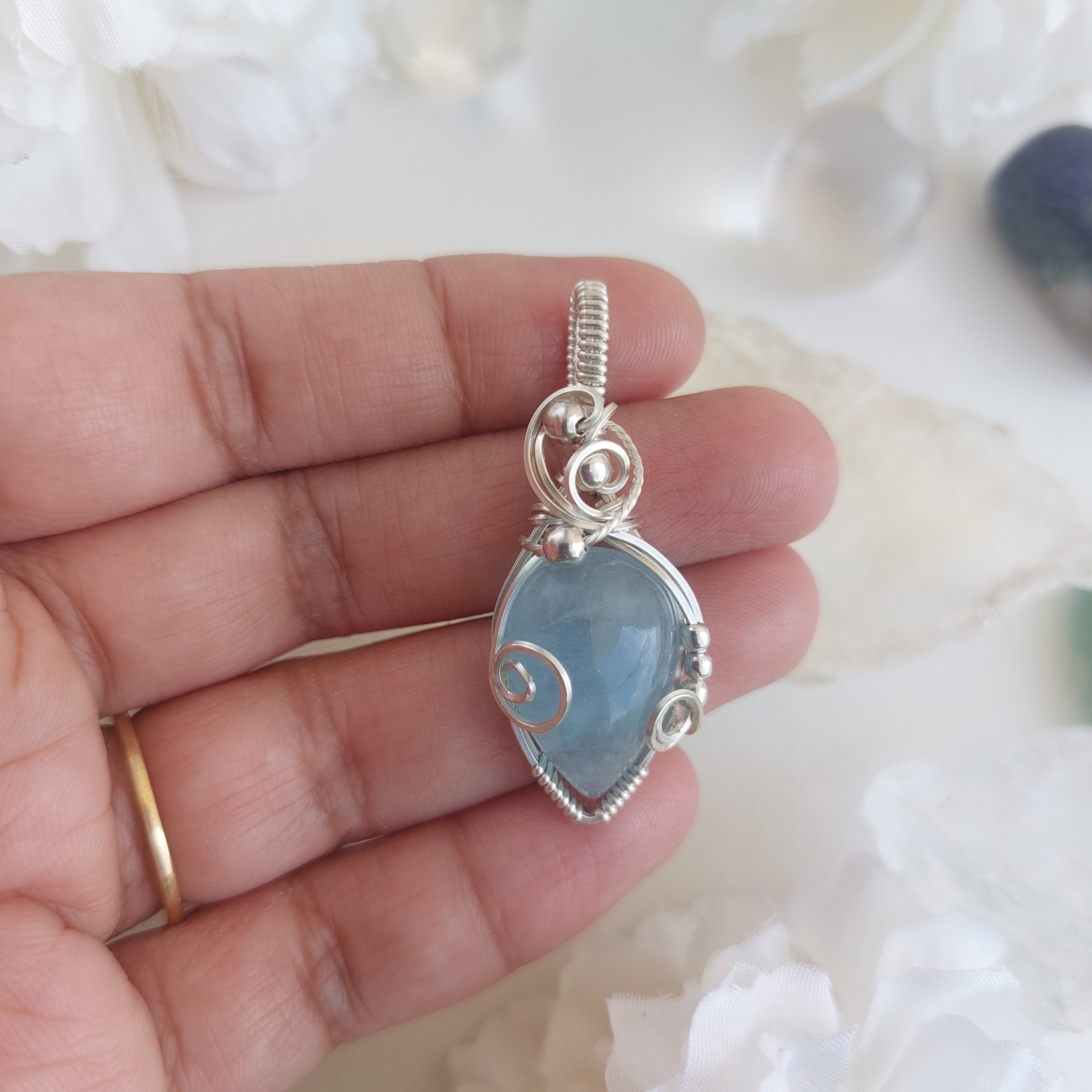 Aquamarine sterling silver wire wrapped handmade sterling silver pendant