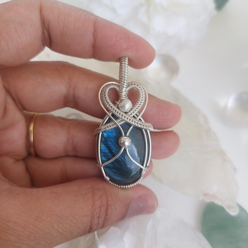 Blue flash labradorite wire wrapped handmade sterling silver pendant