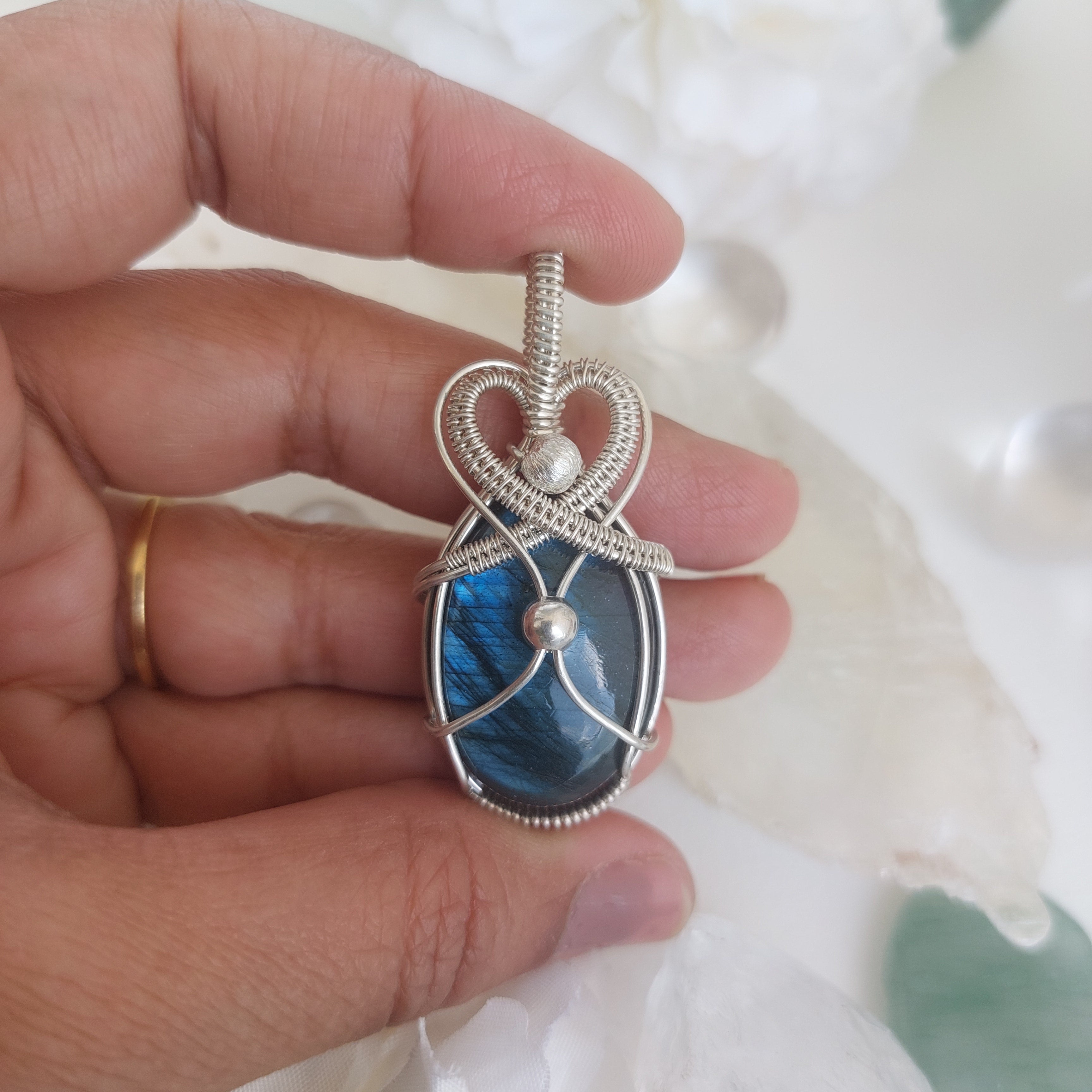 Blue flash labradorite wire wrapped handmade sterling silver pendant