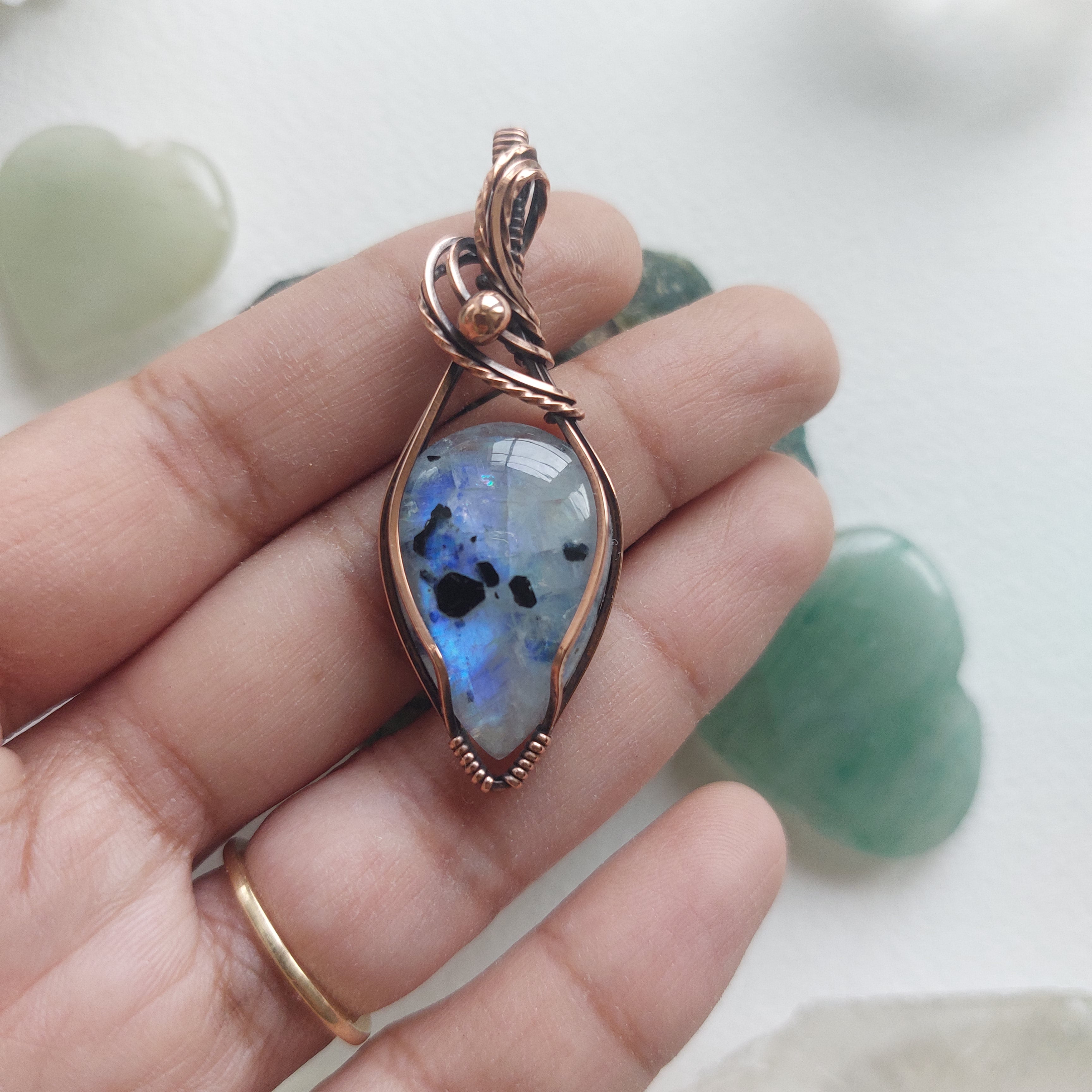 Rainbow Moonstone Copper Pendant – Handmade Wire Wrapped Crystal Jewellery