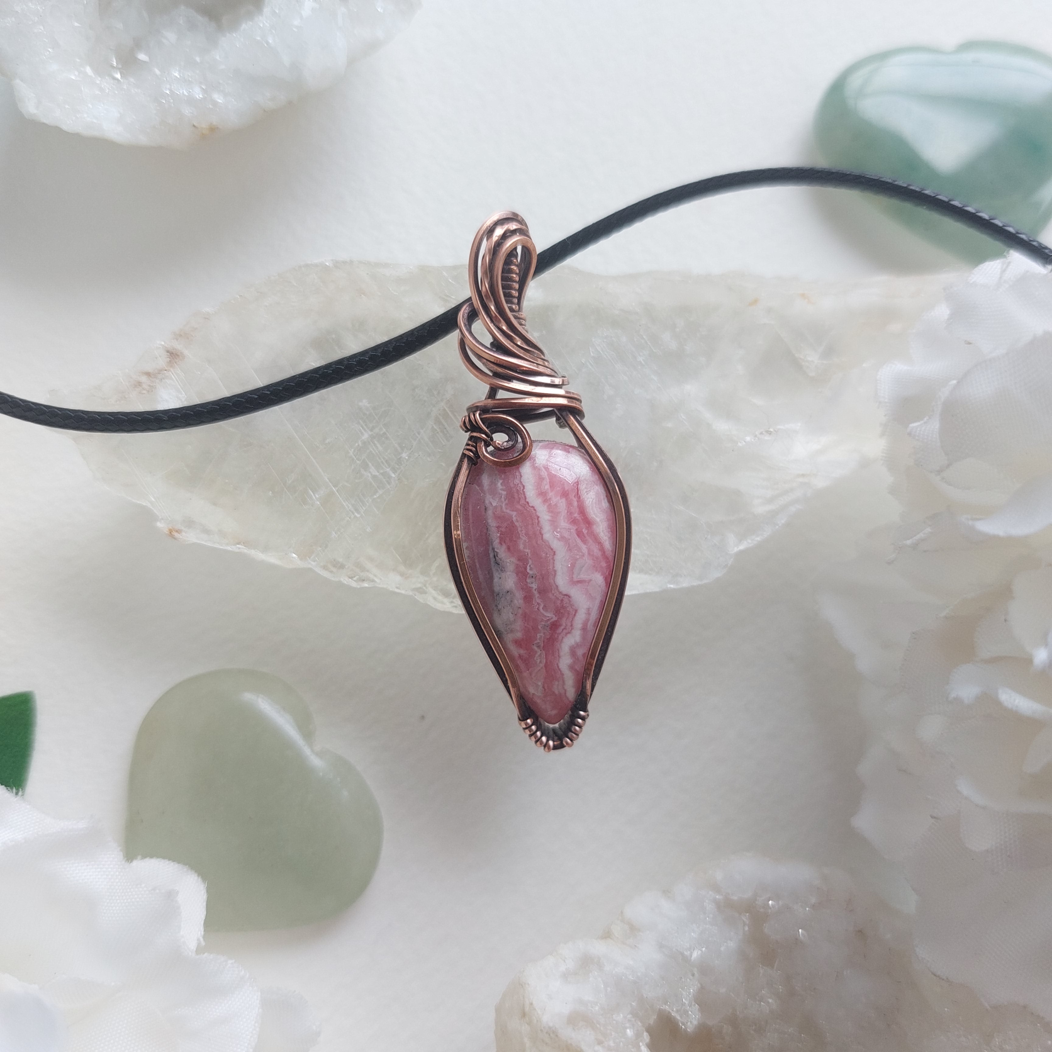 Rhodochrosite Copper Pendant – Handmade Crystal wire wrapped Necklace of Love and Compassion