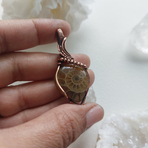 Ammonite Fossil Copper Wire Wrapped Pendant – Ancient Crystal Necklace for Grounding, Protection & Harmony