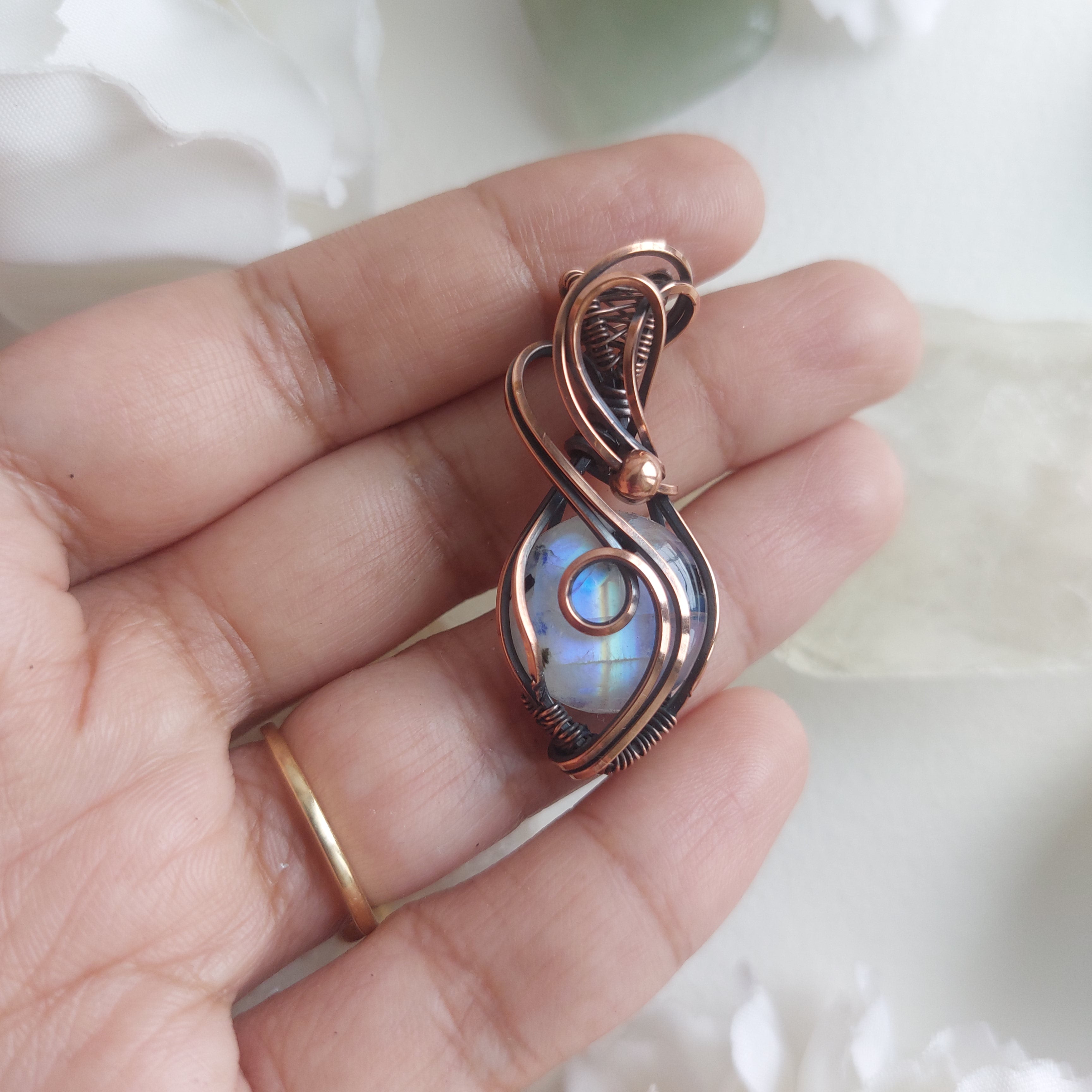 Rainbow Moonstone Copper Pendant – Handmade Wire Wrapped Crystal Jewelry