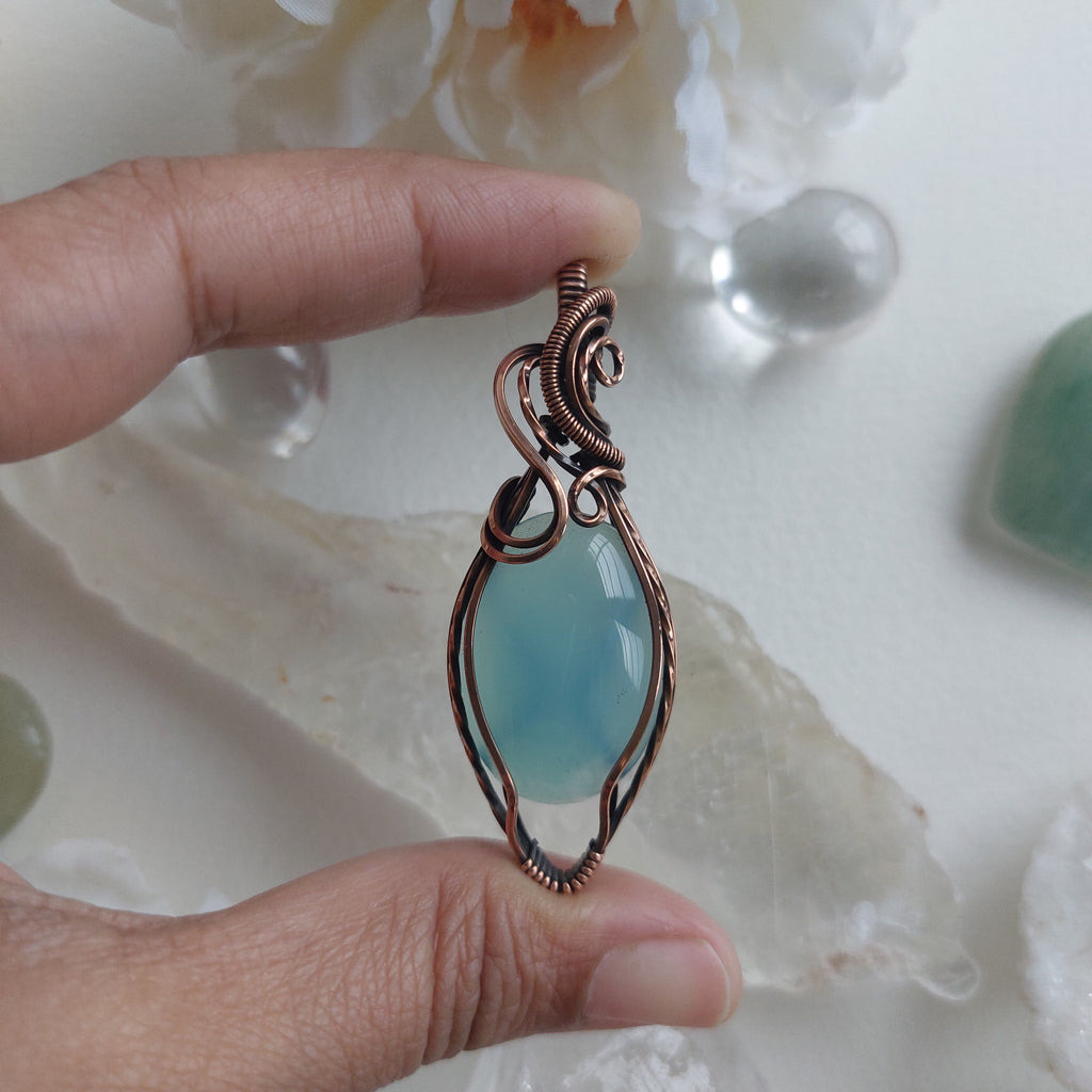 Handmade Blue Chalcedony Pendant in Copper – Healing Gemstone Necklace for Peace & Balance