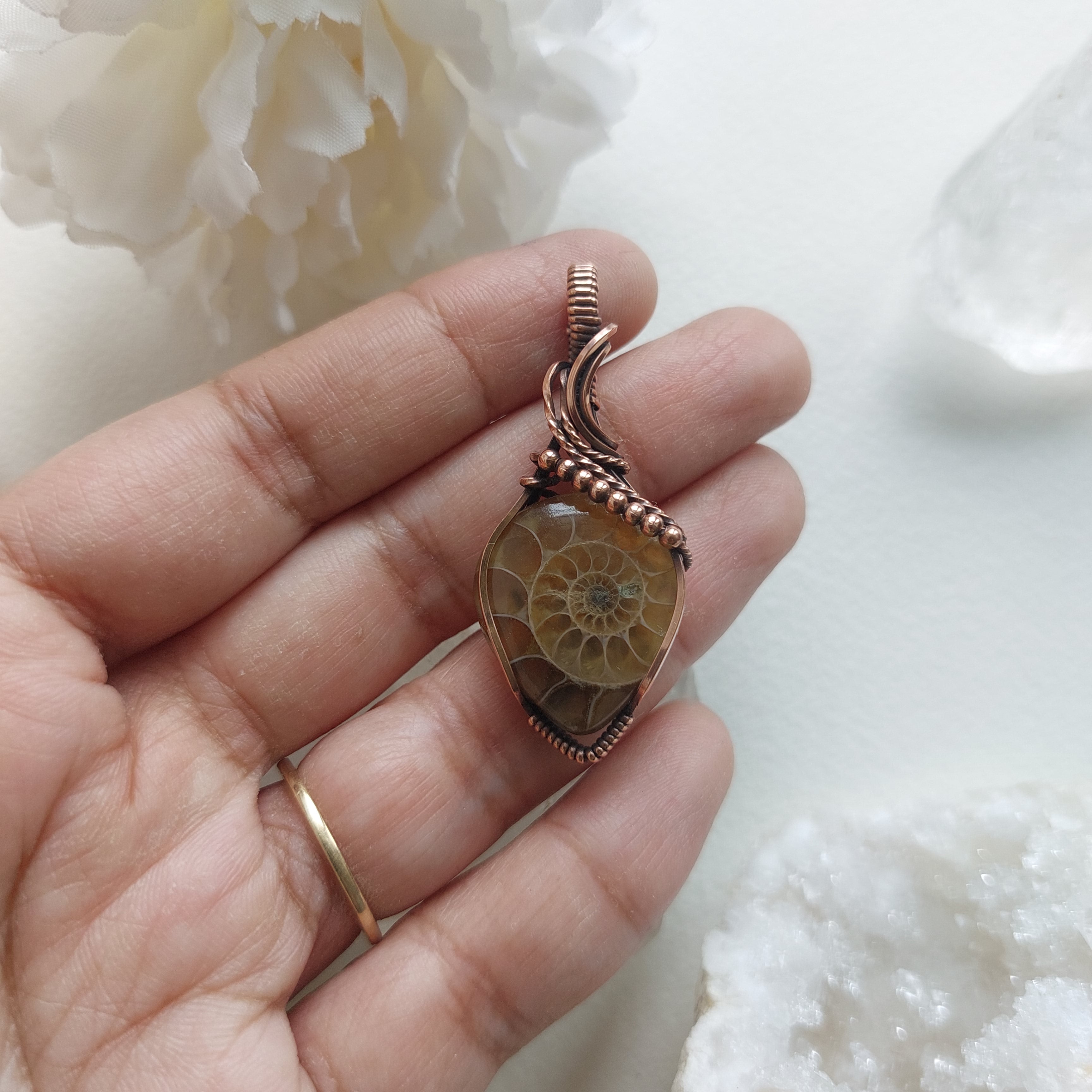 Ammonite Fossil Copper Wire Wrapped Pendant – Ancient Crystal Necklace for Grounding, Protection & Harmony