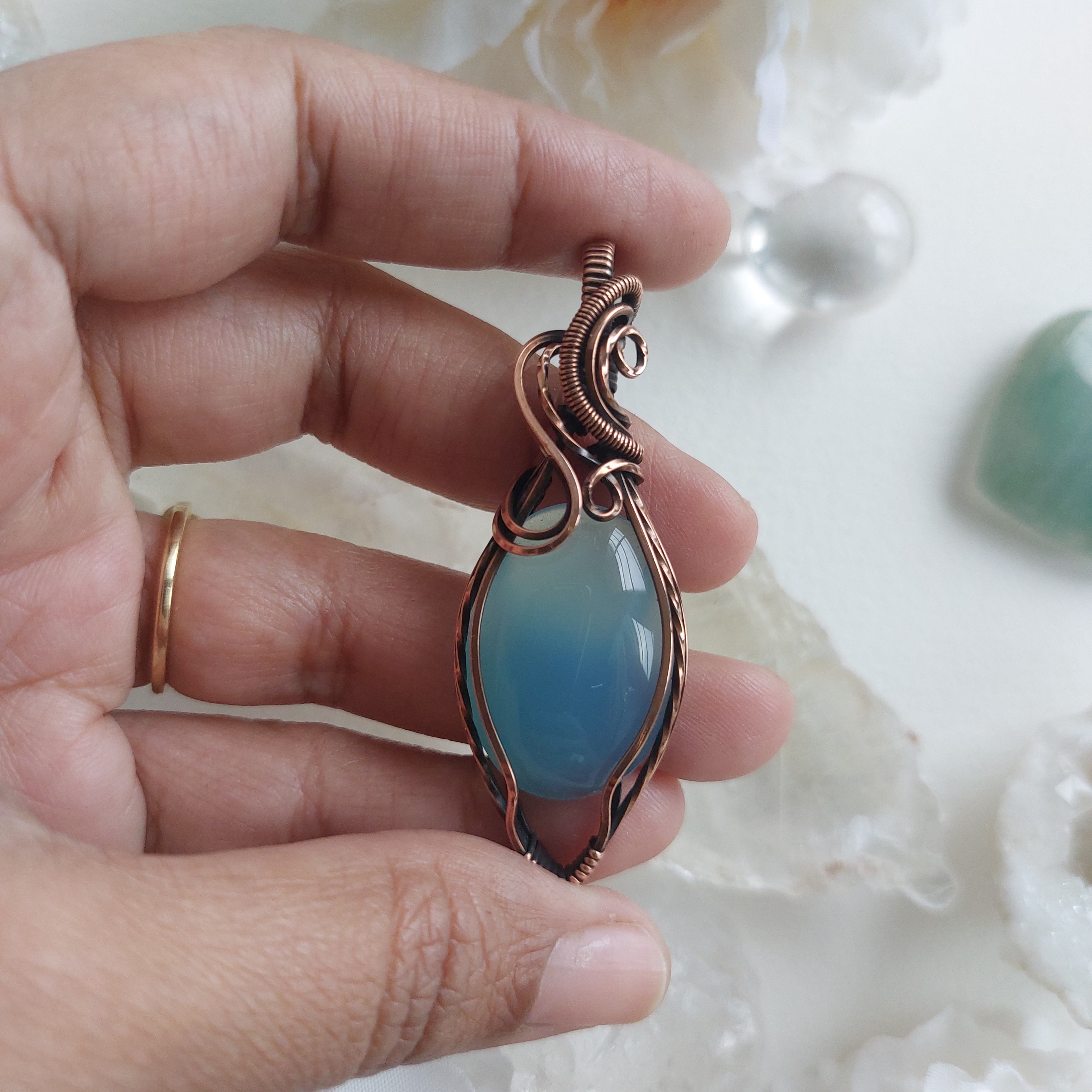 Handmade Blue Chalcedony Pendant in Copper – Healing Gemstone Necklace for Peace & Balance