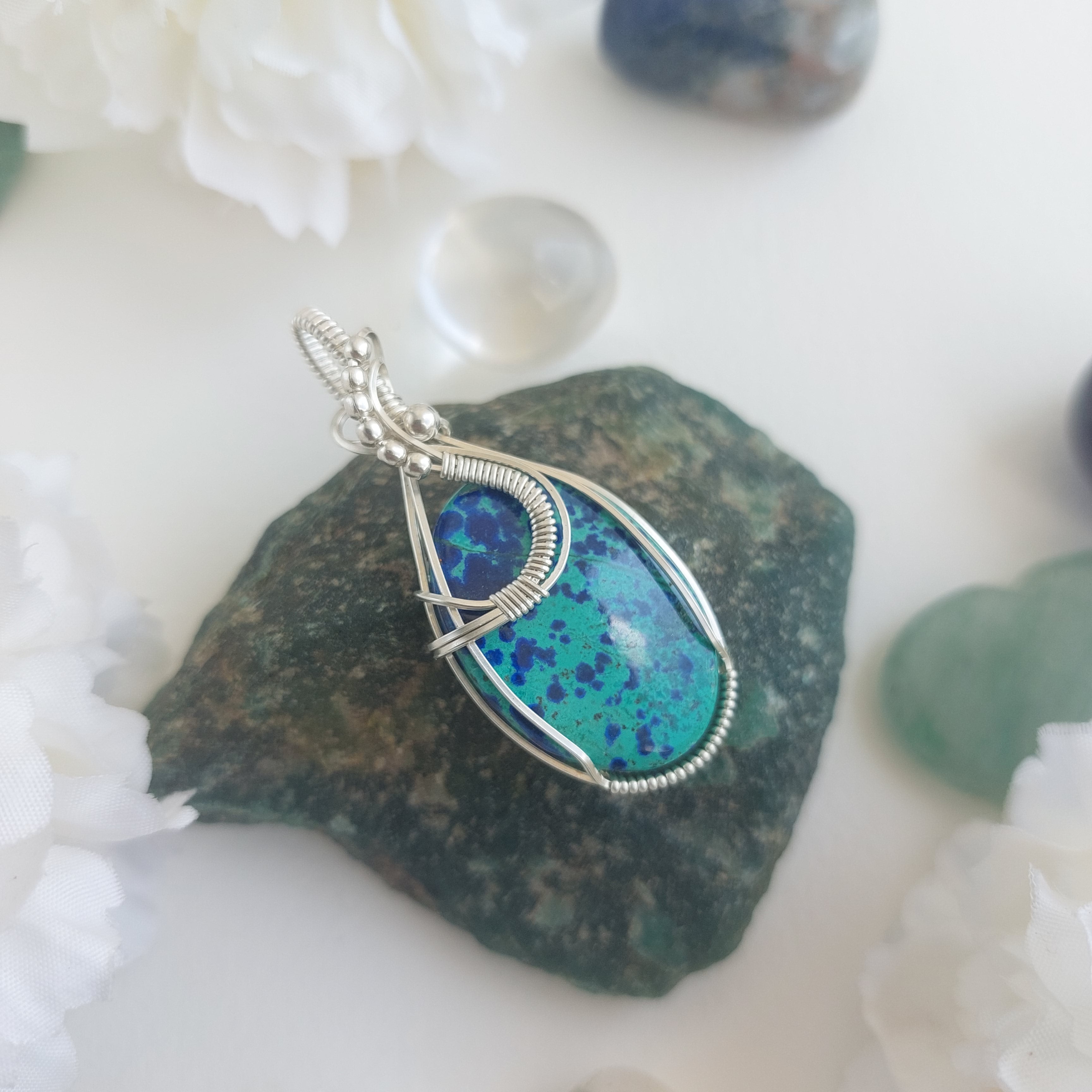 Bluebird Azurite sterling silver handmade Wire Wrapped pendant
