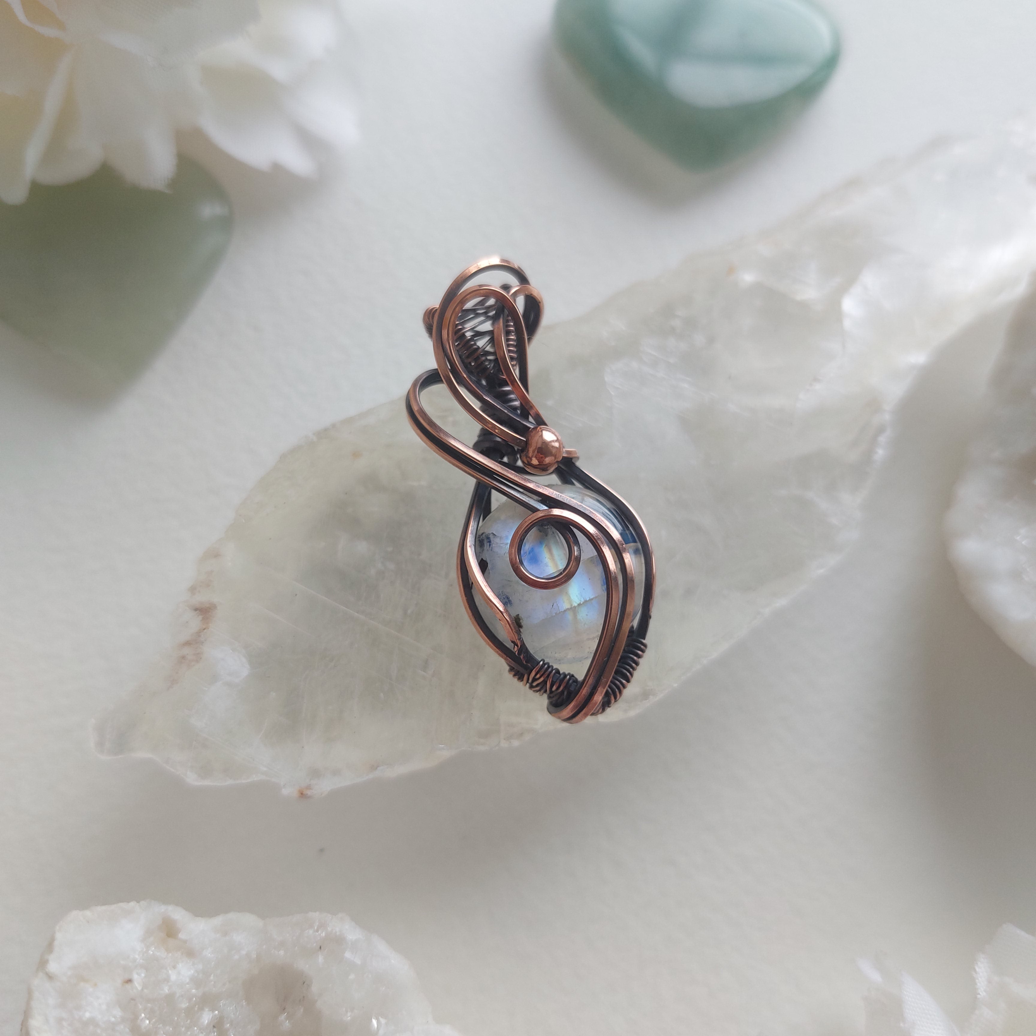 Rainbow Moonstone Copper Pendant – Handmade Wire Wrapped Crystal Jewelry