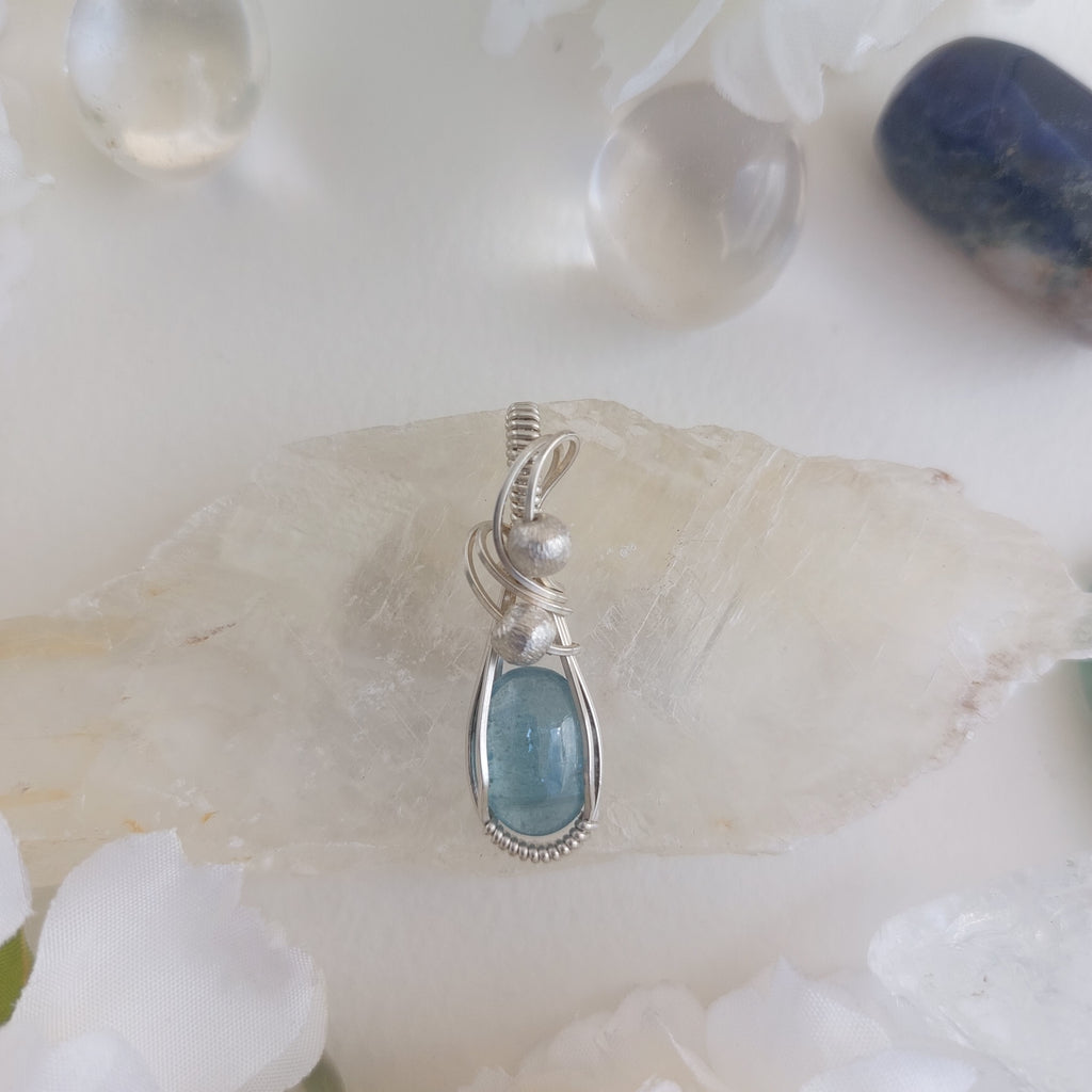 Aqua Kyanite wire wrapped handmade sterling silver pendant