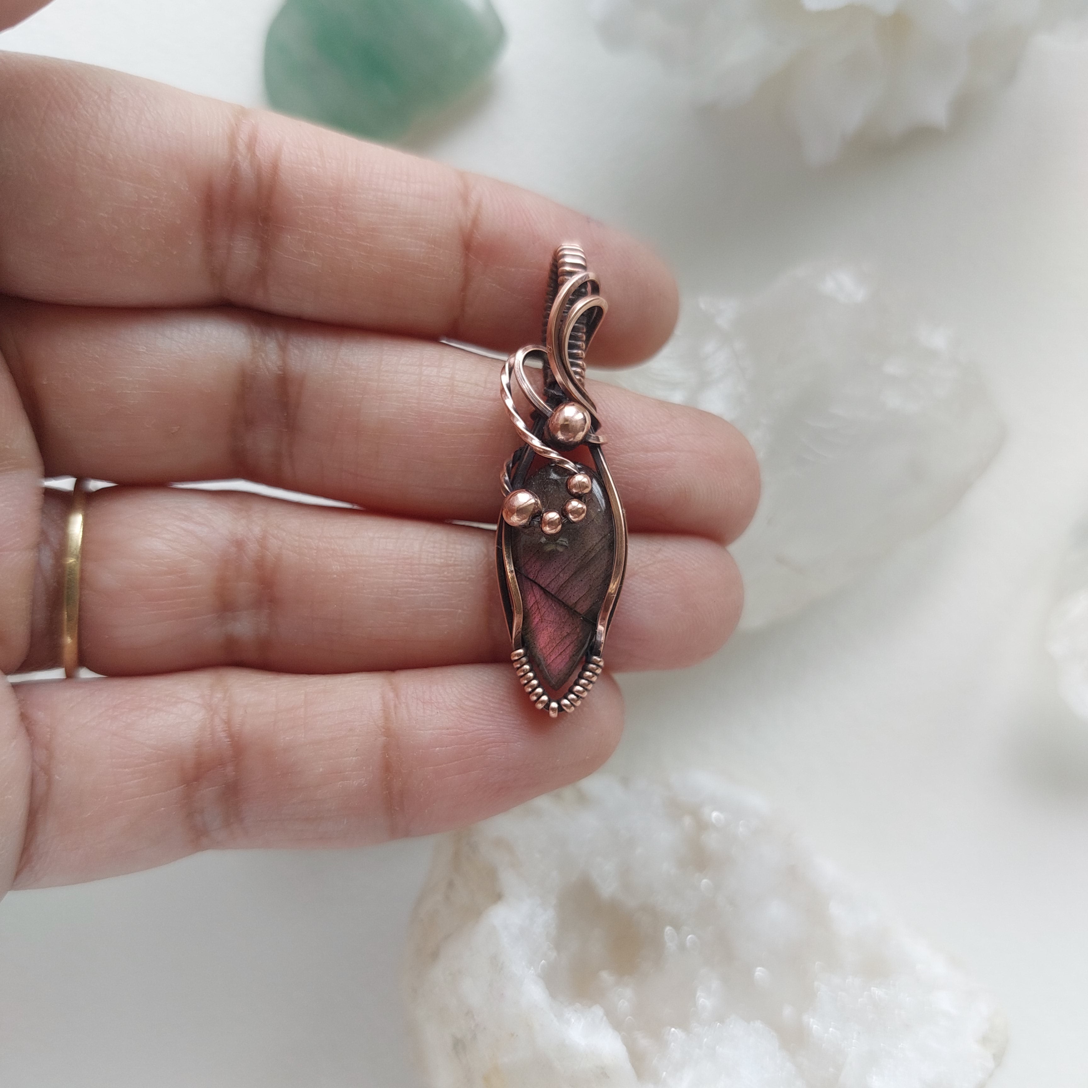 Purple Labradorite wire wrapped handmade copper gemstone mini pendant