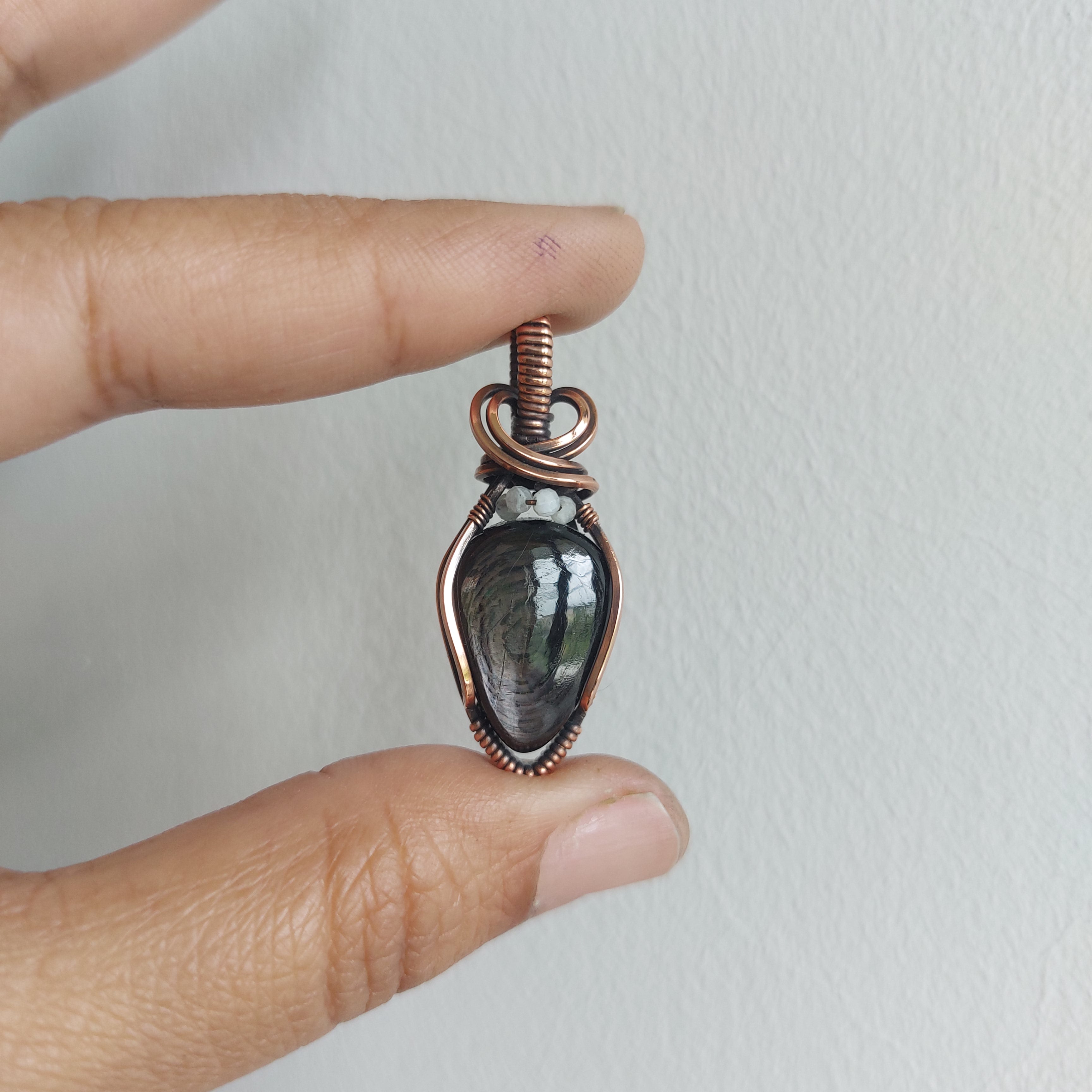 Hypersthene Pendant with Rainbow Moonstone Beads – Handmade Copper Wire Wrapped Jewelry