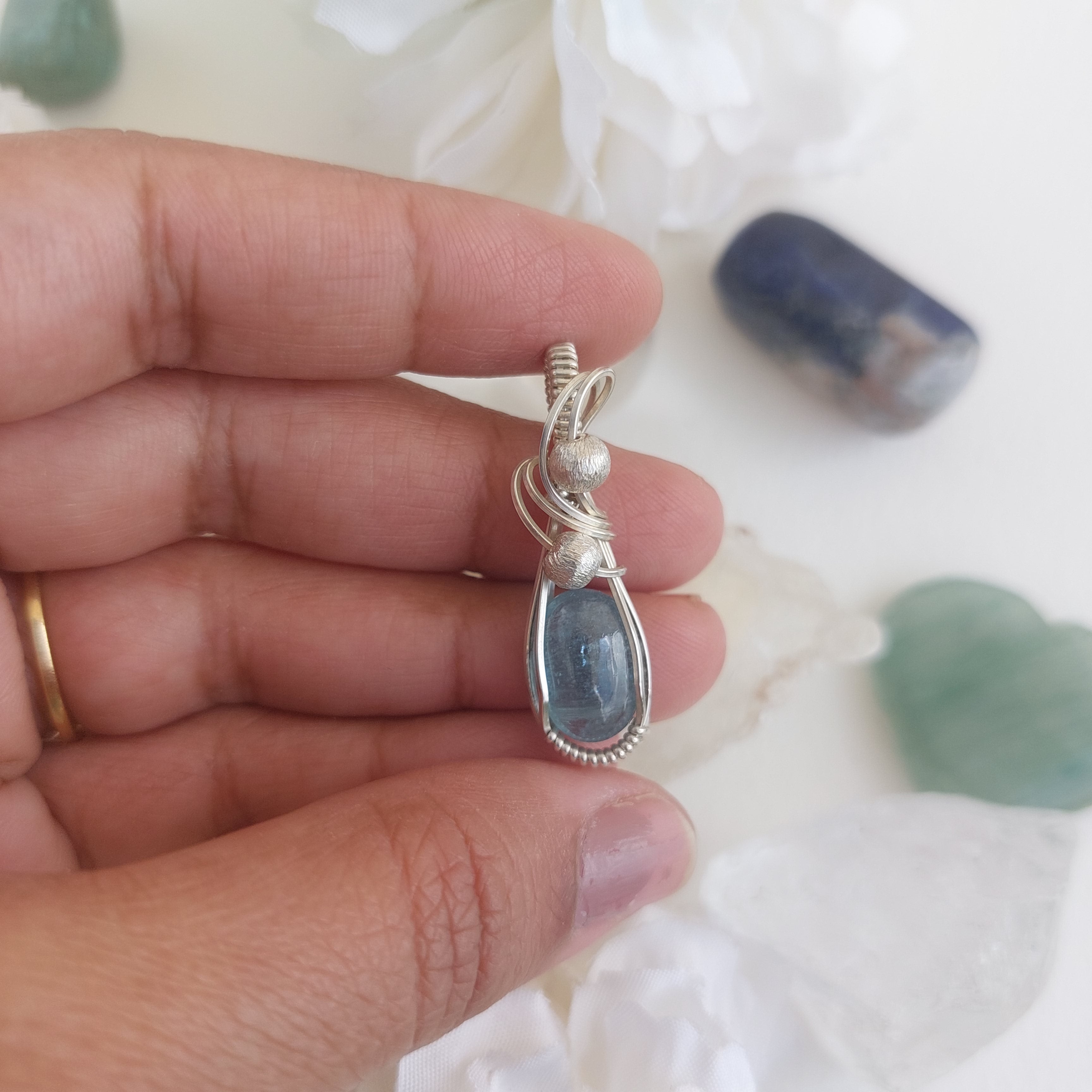 Aqua Kyanite wire wrapped handmade sterling silver pendant