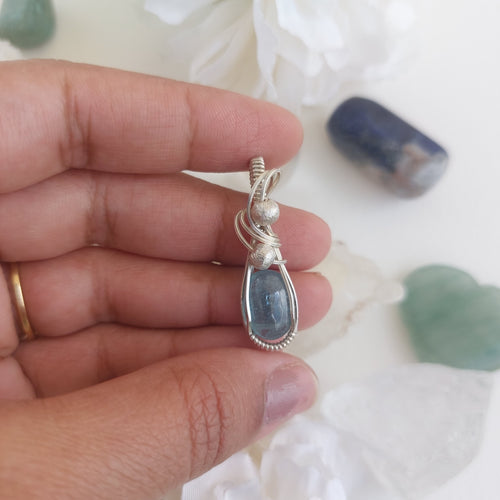Aqua Kyanite wire wrapped handmade sterling silver pendant