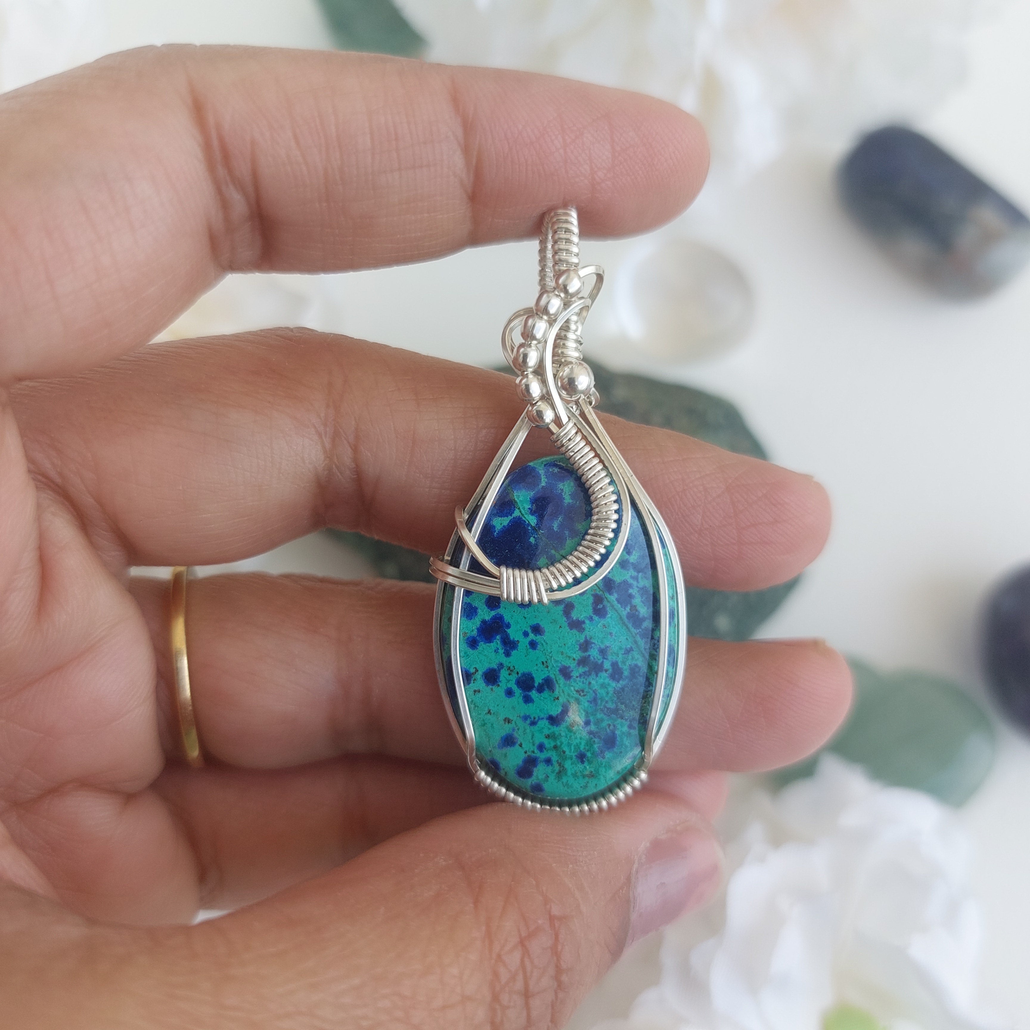 Bluebird Azurite sterling silver handmade Wire Wrapped pendant