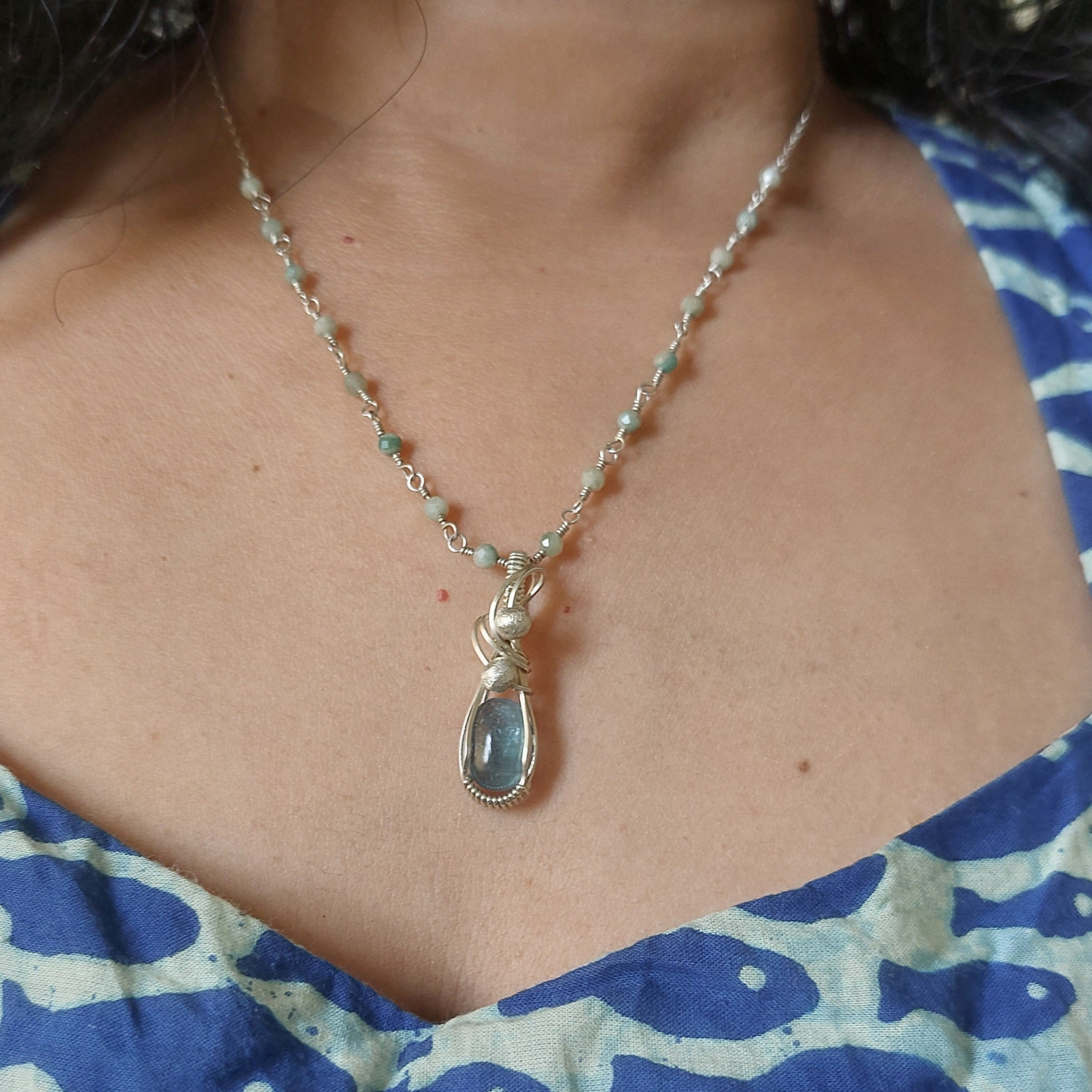 Amazonite wire wrapped handmade sterling silver beaded chain