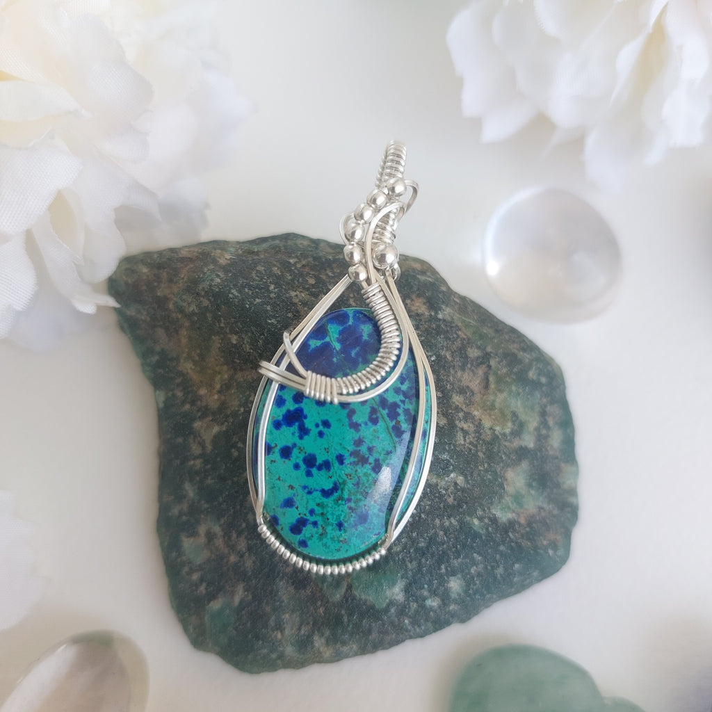 Bluebird Azurite sterling silver handmade Wire Wrapped pendant