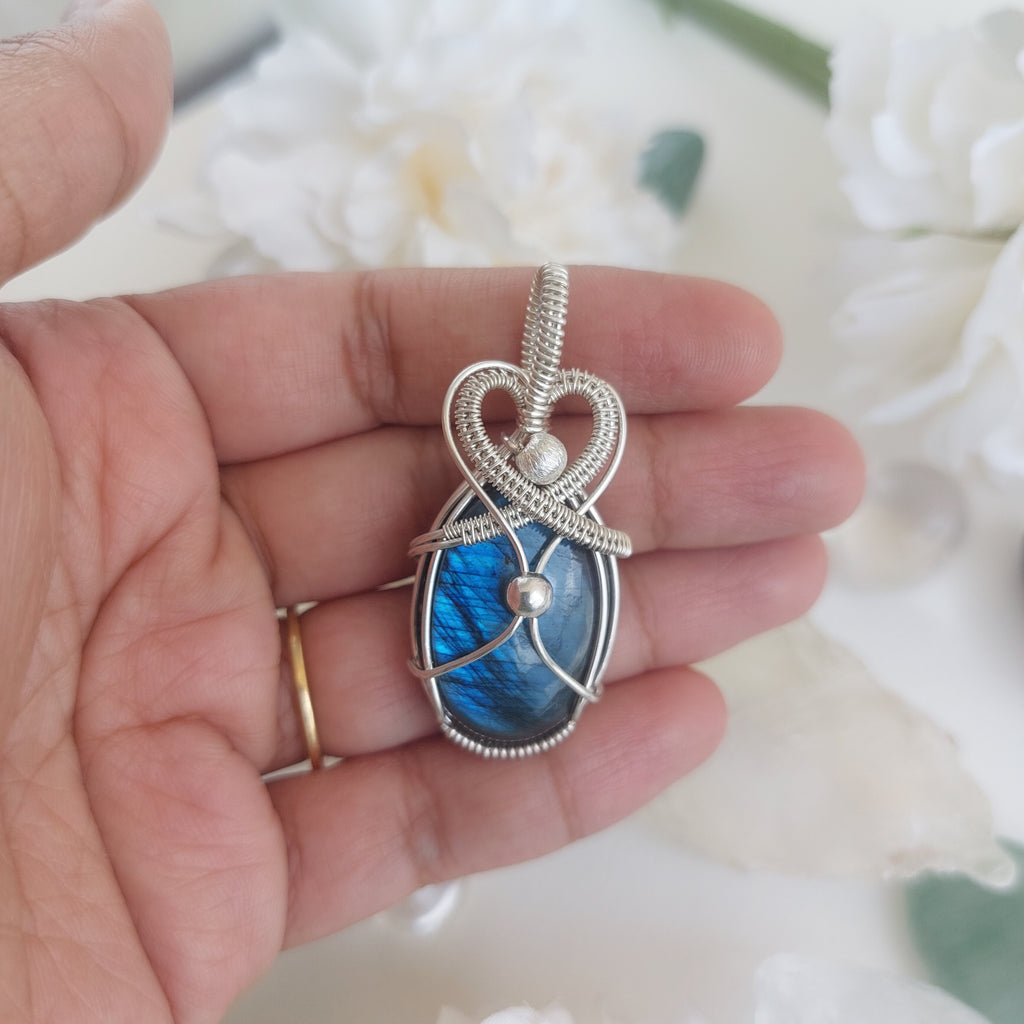 Blue flash labradorite wire wrapped handmade sterling silver pendant