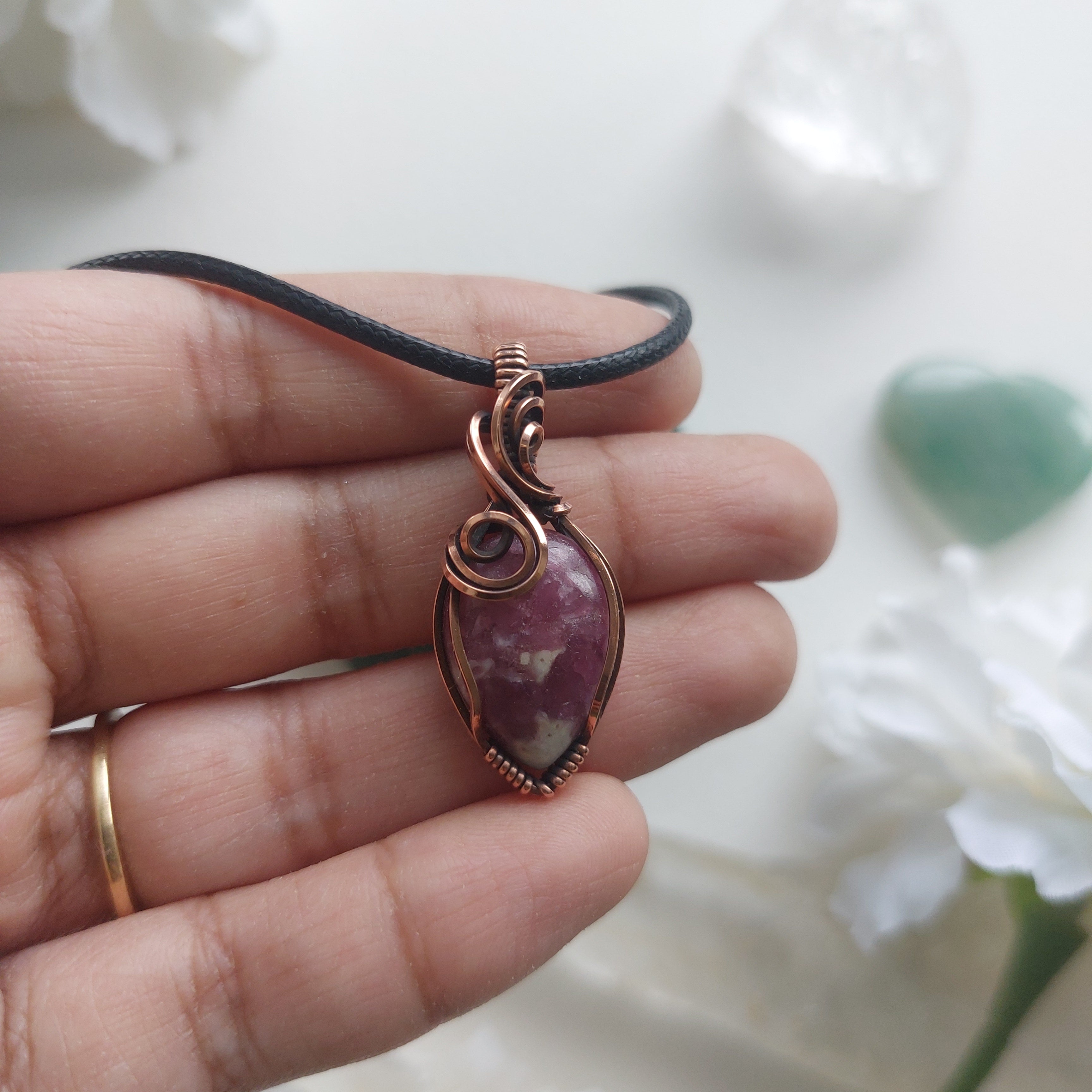 Lepidolite Copper mini Wire Wrapped Pendant – Handmade Crystal Necklace for Calm, Balance & Emotional Healing