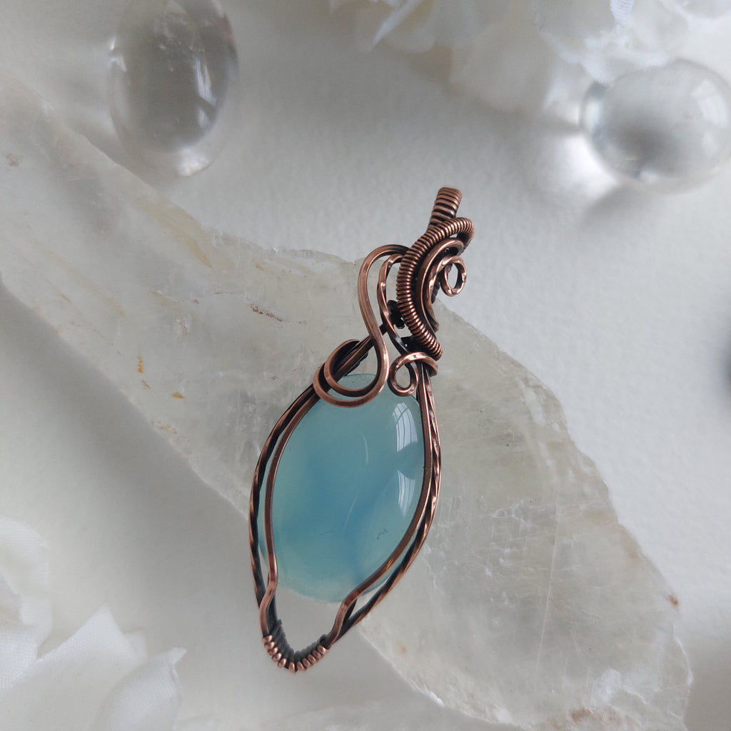 Handmade Blue Chalcedony Pendant in Copper – Healing Gemstone Necklace for Peace & Balance