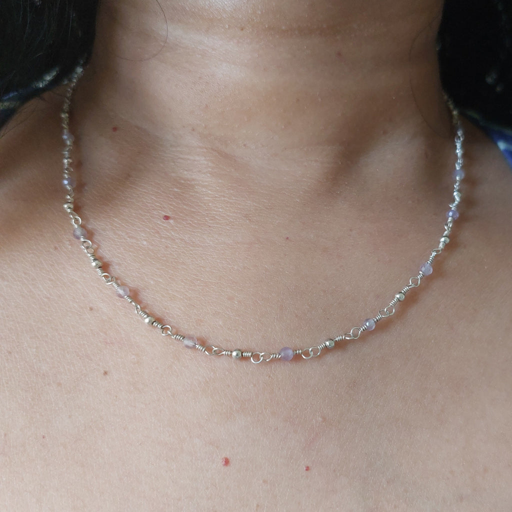 Amethyst sterling silver wire wrapped handmade beaded chain