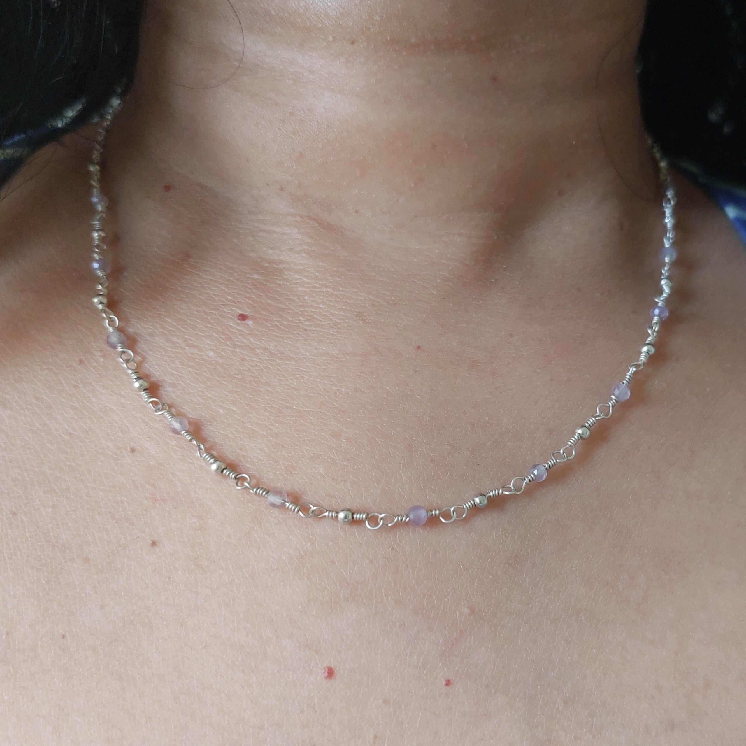 Amethyst sterling silver wire wrapped handmade beaded chain