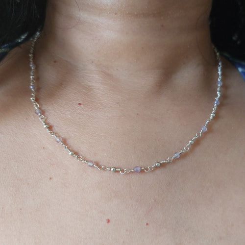 Amethyst sterling silver wire wrapped handmade beaded chain