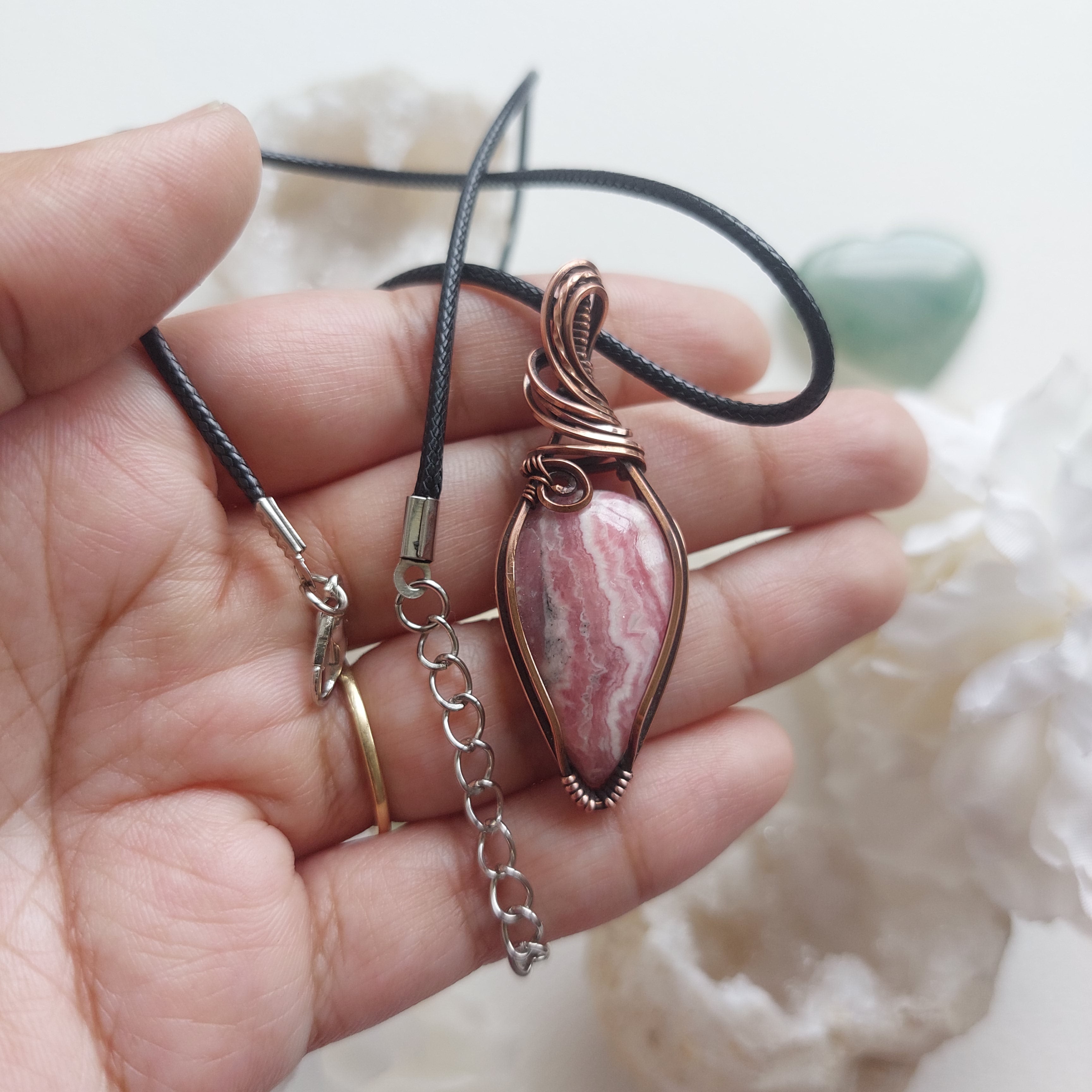 Rhodochrosite Copper Pendant – Handmade Crystal wire wrapped Necklace of Love and Compassion