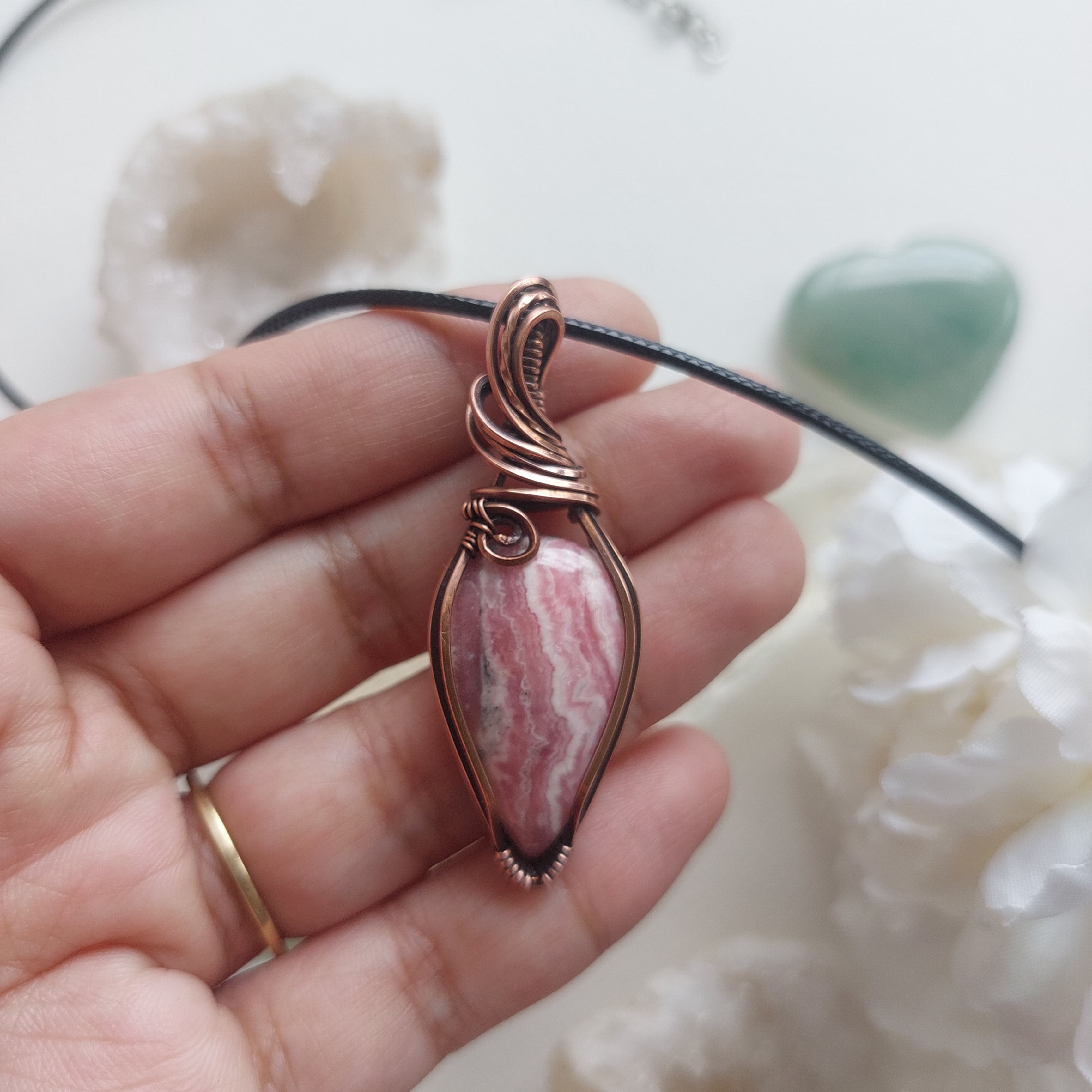 Rhodochrosite Copper Pendant – Handmade Crystal wire wrapped Necklace of Love and Compassion