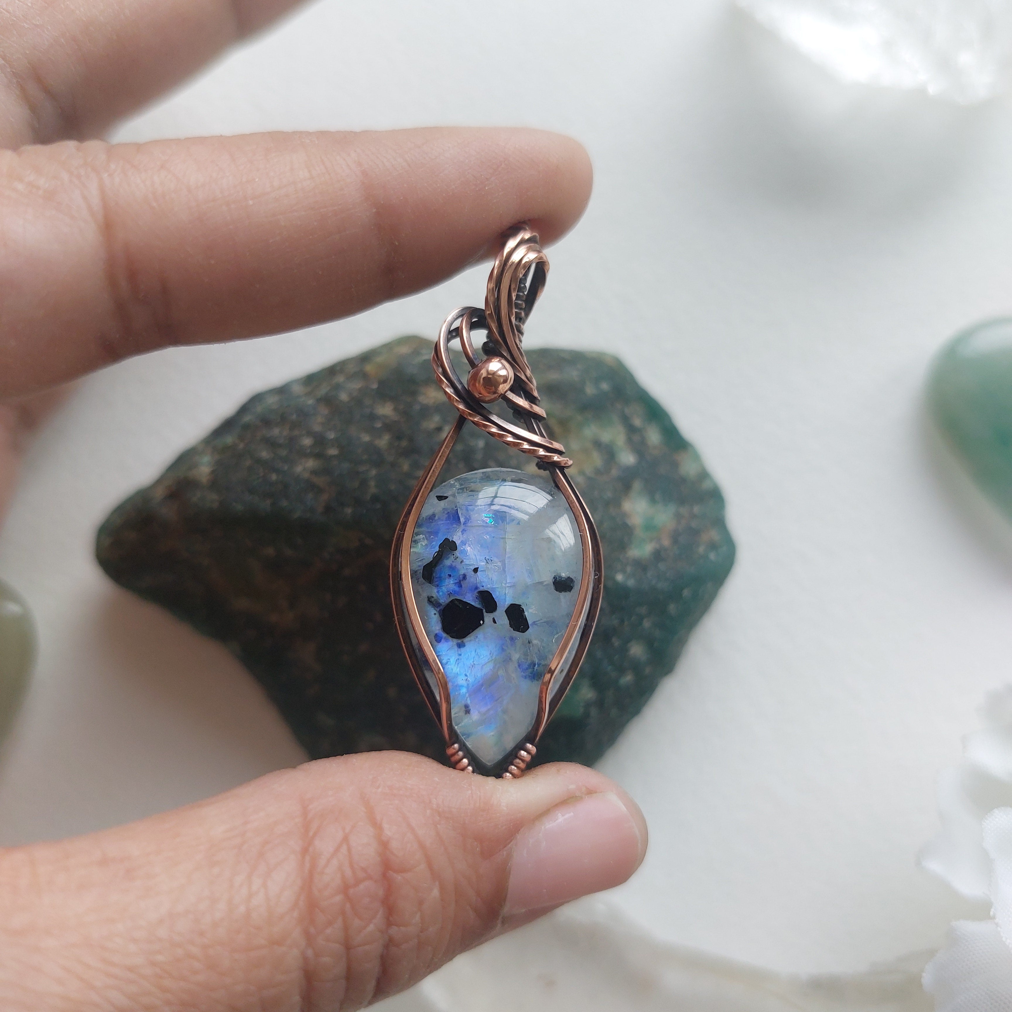 Rainbow Moonstone Copper Pendant – Handmade Wire Wrapped Crystal Jewellery