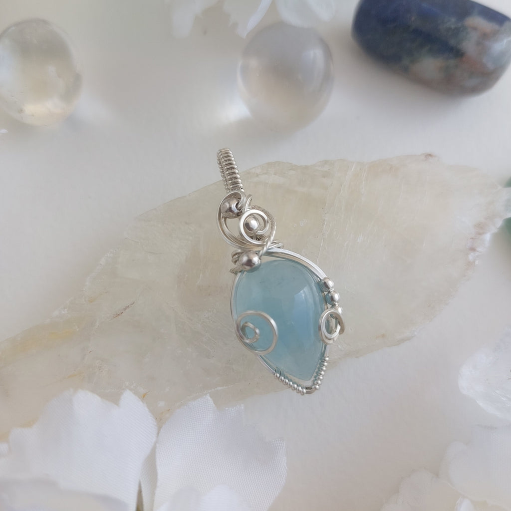 Aquamarine sterling silver wire wrapped handmade sterling silver pendant