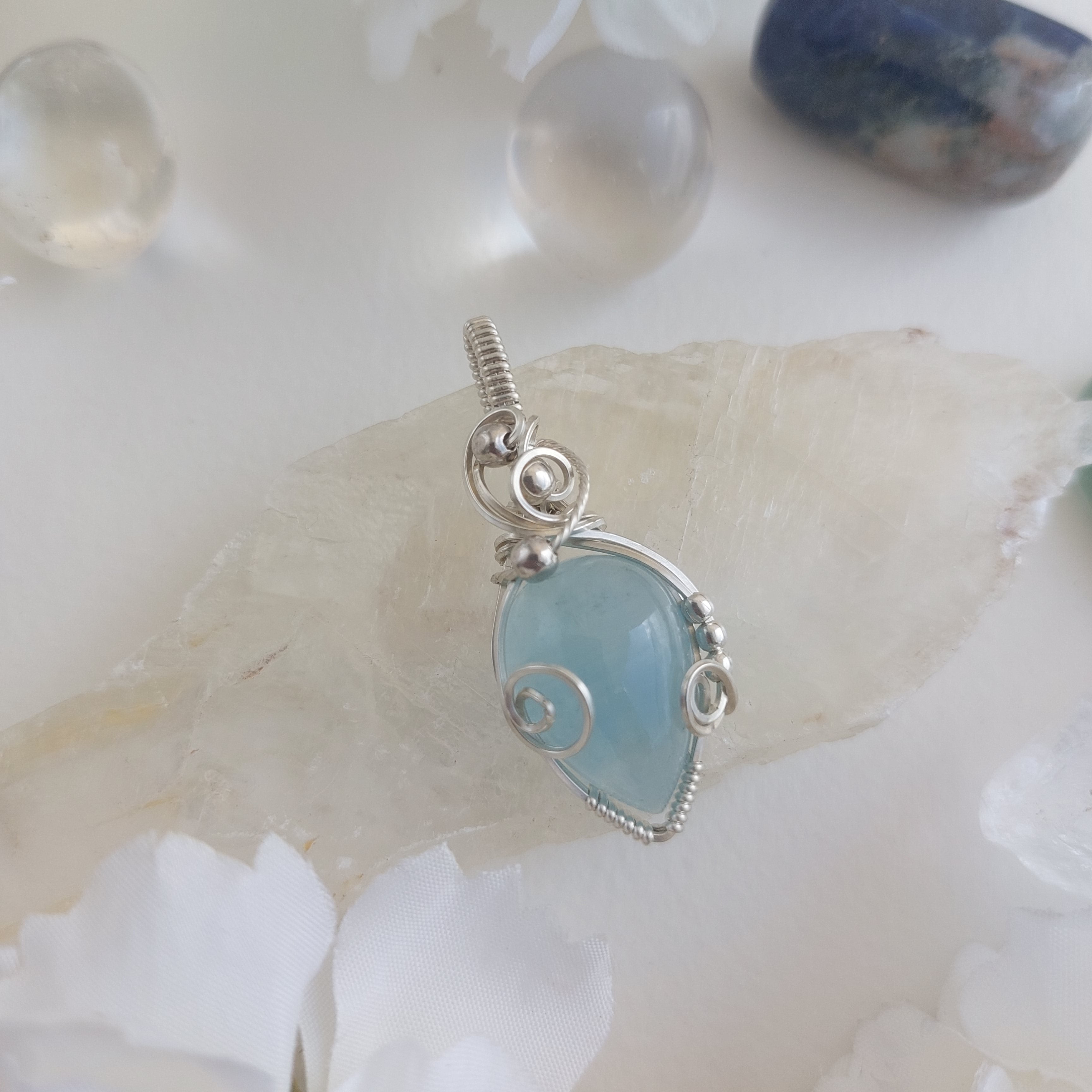Aquamarine sterling silver wire wrapped handmade sterling silver pendant
