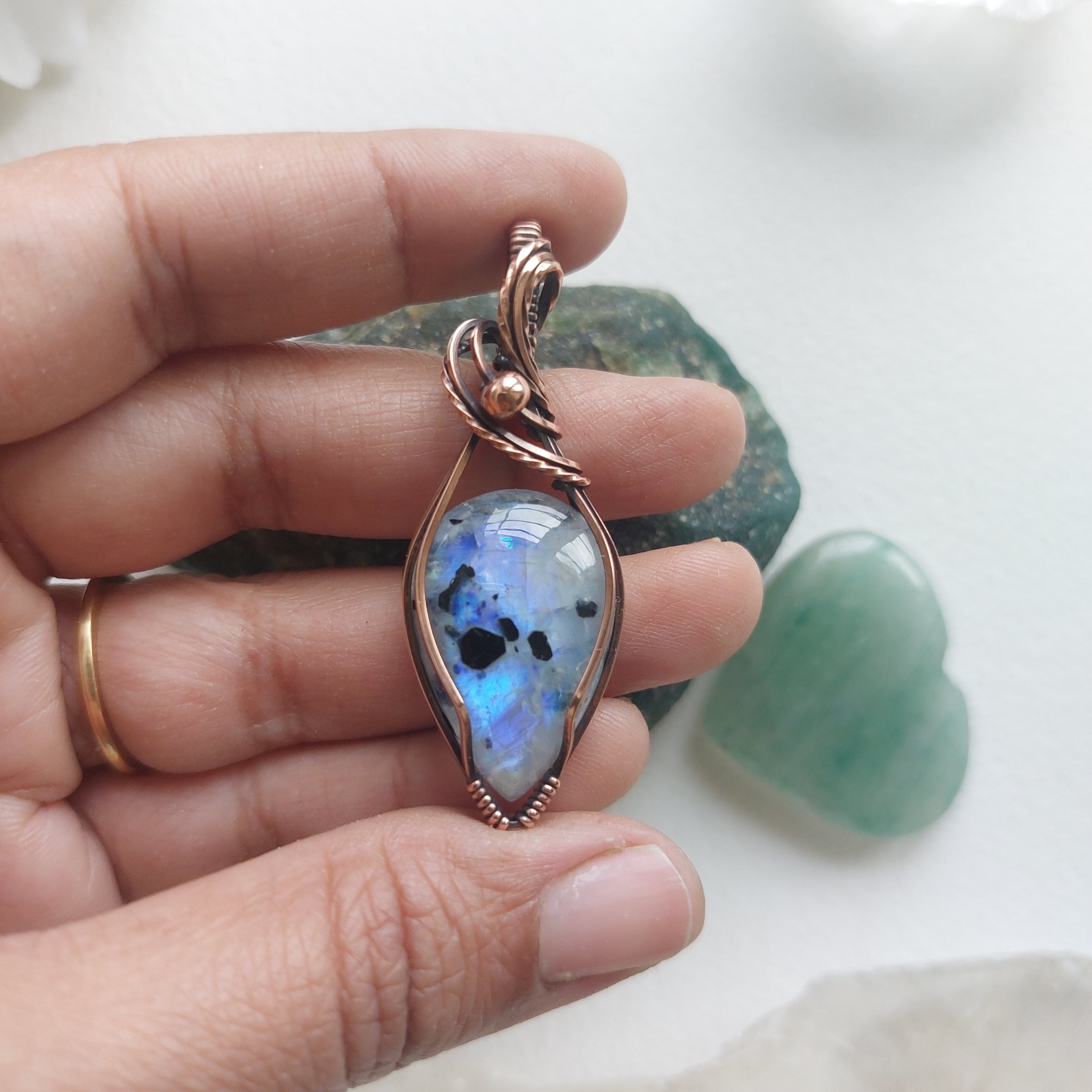 Rainbow Moonstone Copper Pendant – Handmade Wire Wrapped Crystal Jewellery